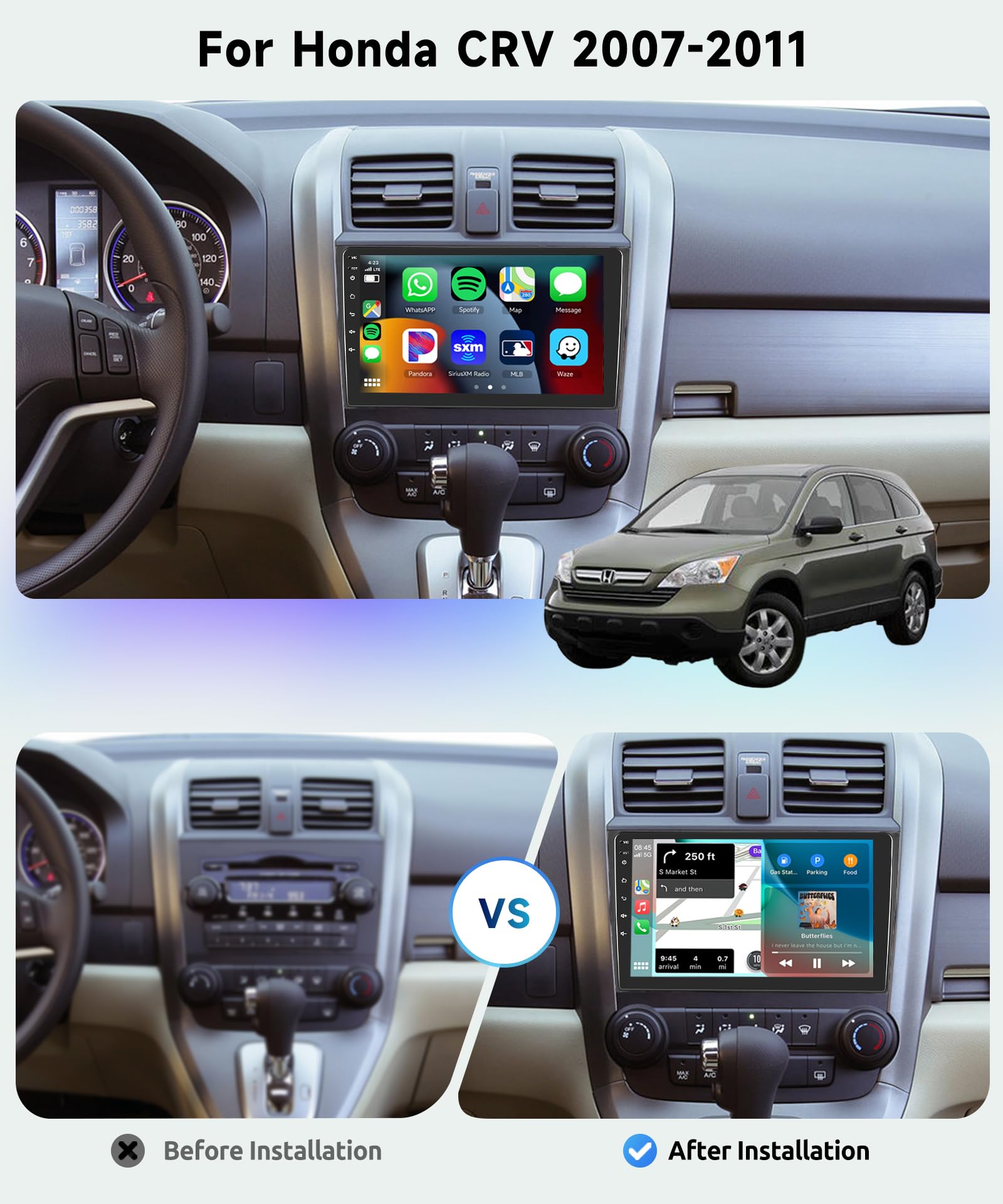 Podofo 8 CORE 6G+128G Car Radio Stereo for Honda CRV 2007-2011, 9 Touch Screen, Wireless CarPlay, Android Auto, GPS,