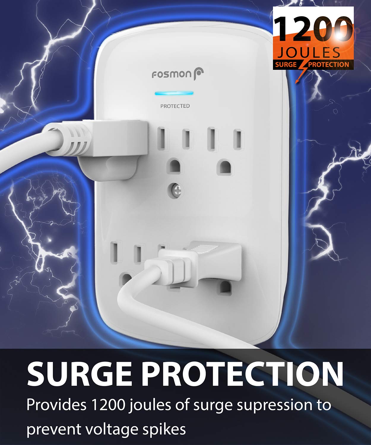 Fosmon 6 Outlet Wall Mount Surge Protector, 3-Prong Surge Suppression 1200 Joules, 15A 125Vac 60Hz 1875Watts Wall Outlet Adapter