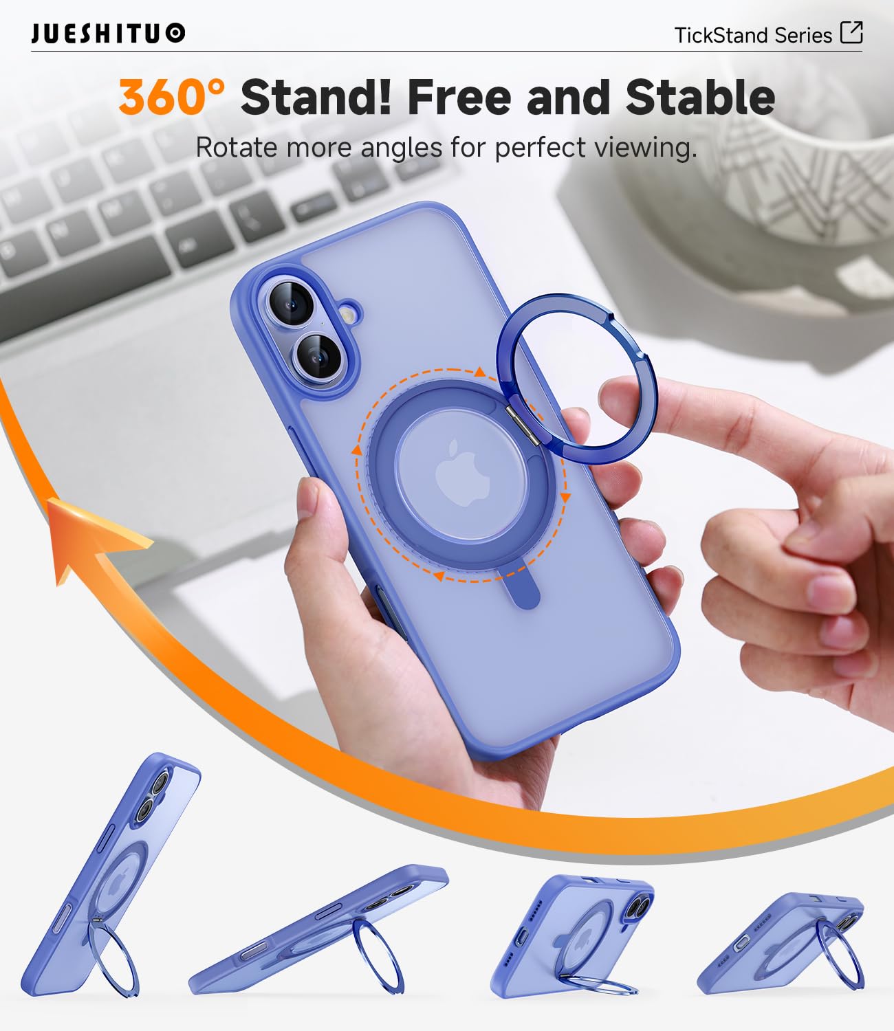 Jueshituo 3 In 1 For Iphone 16 Case, 360 Rotatable Magnetic Ring Stand With [Rotary Damping Sound] [1X Screen Protector + 1X Cam