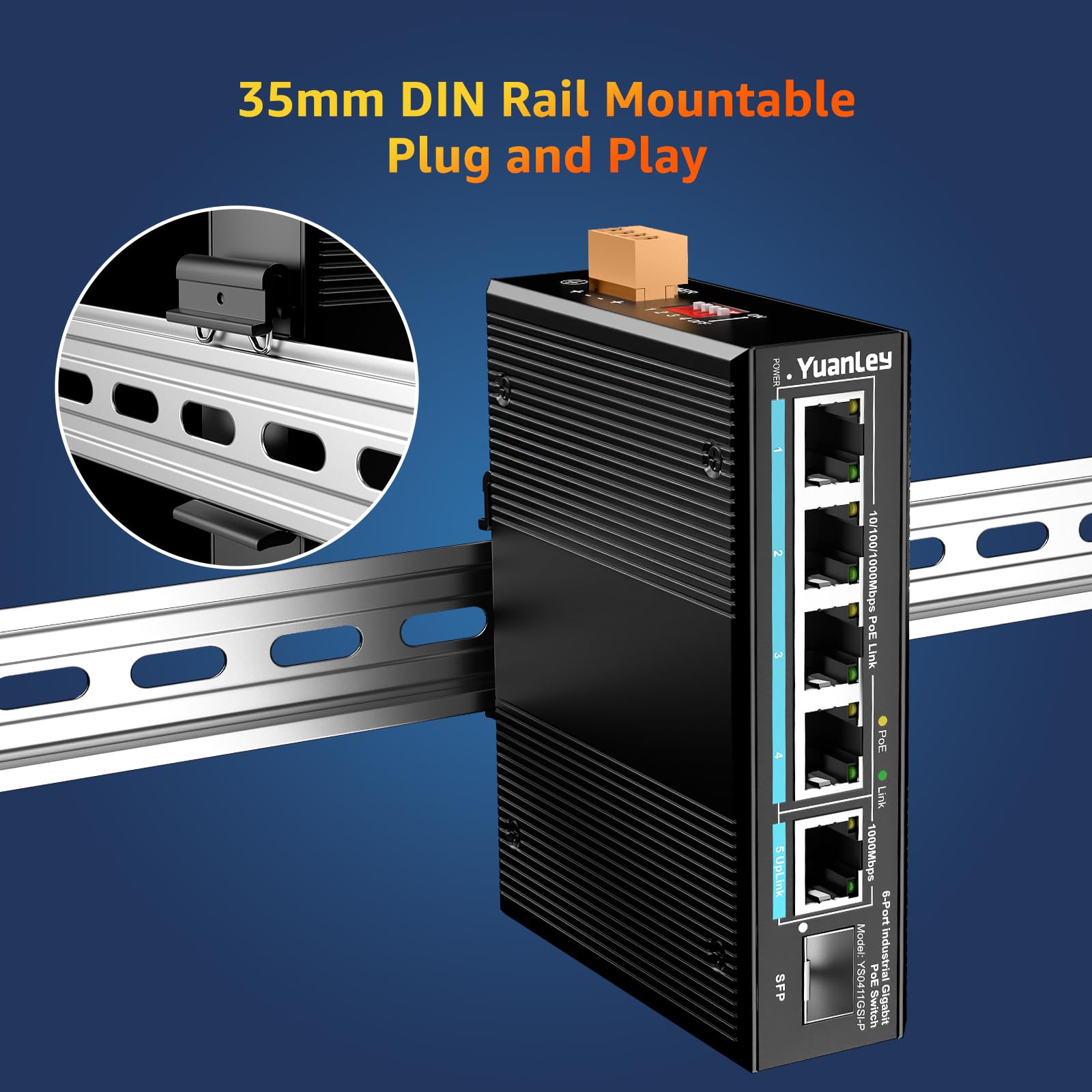 Yuanley 6 Port Industrial Switch With 4 Port Poe Gigabit, 1 1000Mbps Uplink, 1 Sfp Port, Unmanaged Din Rail Poe Switch, Ieee802.