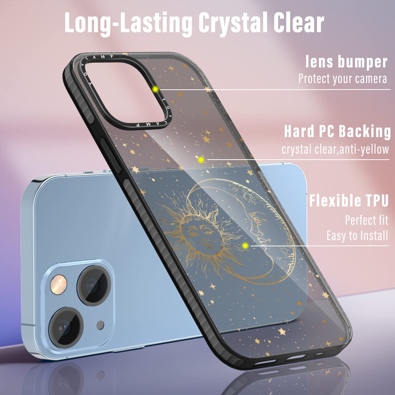 Toycamp For Iphone 13 Case, Sun Moon Stars Design For Women Mens Girls Boys Teens Cool Fantasy Glitter Print Case With Ring Kick