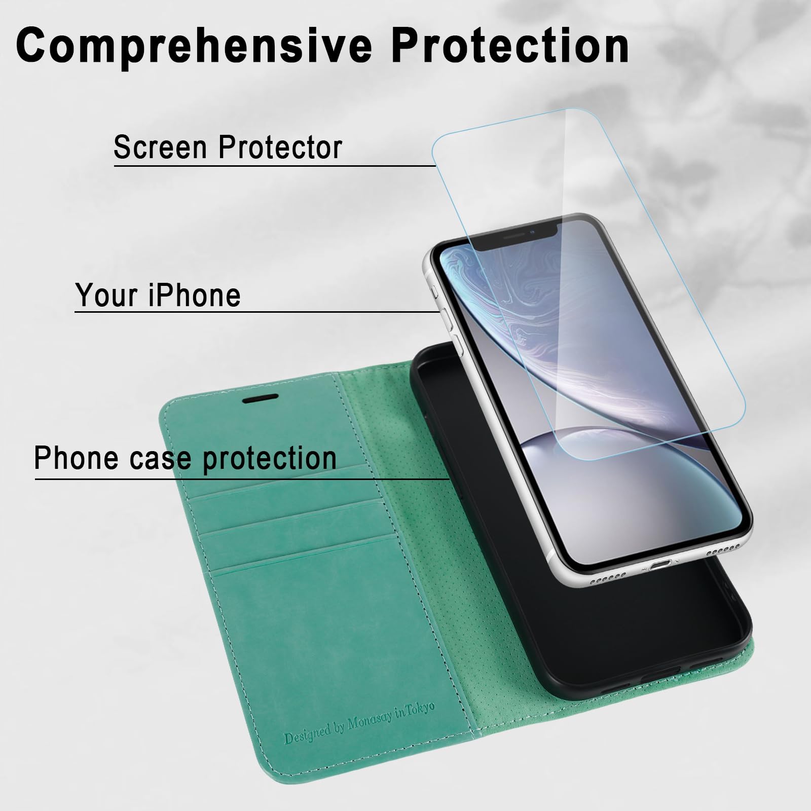 Monasay Wallet Case Compatible For Iphone Xr, 6.1-Inch, [Glass Screen Protector Included] [Rfid Blocking] Flip Folio Leather Cel