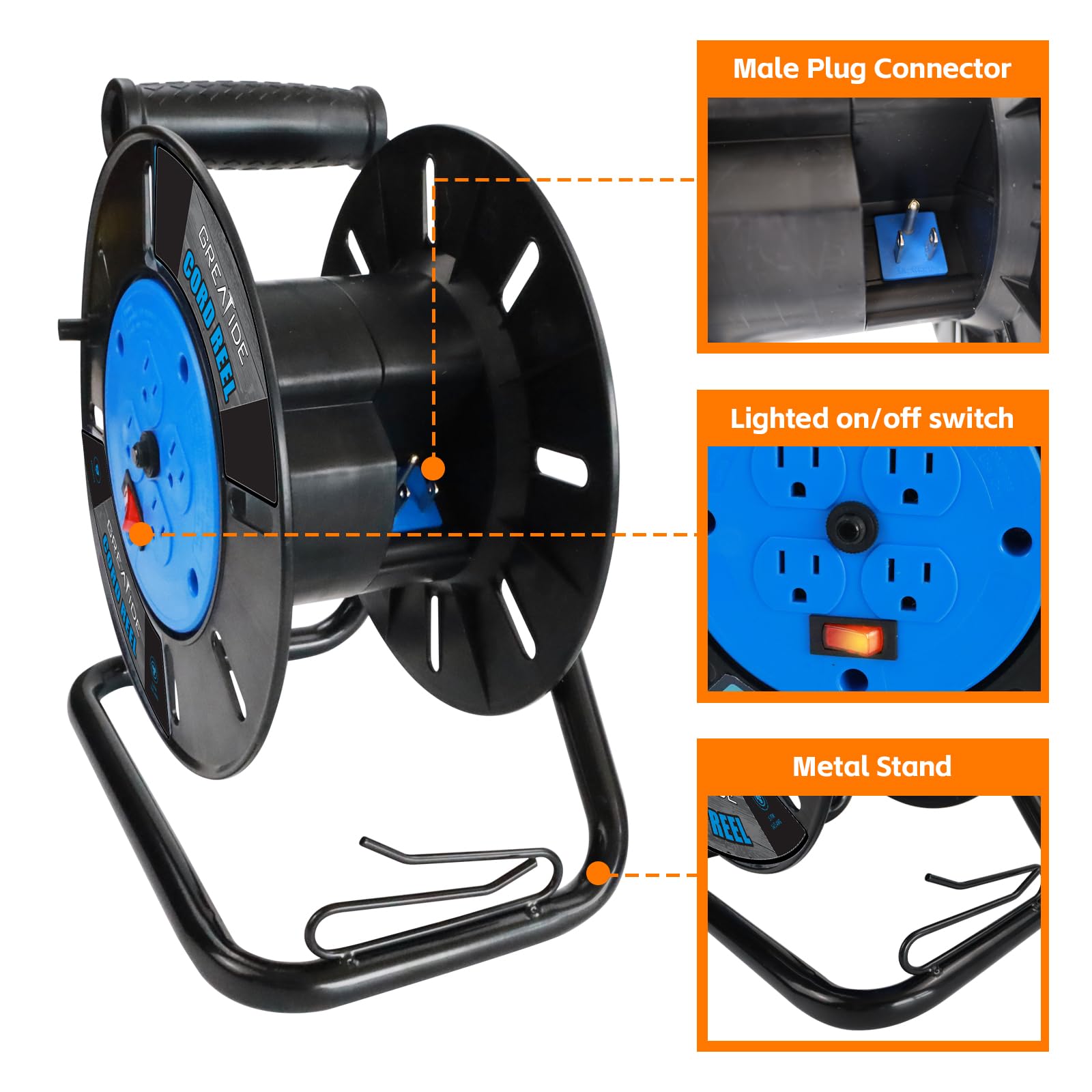 GREATIDE Heavy Duty Extension Cord Storage Reel 4 Grounded Outlets 10A Circuit Breaker Retractable Hand Wind Plastic Blue