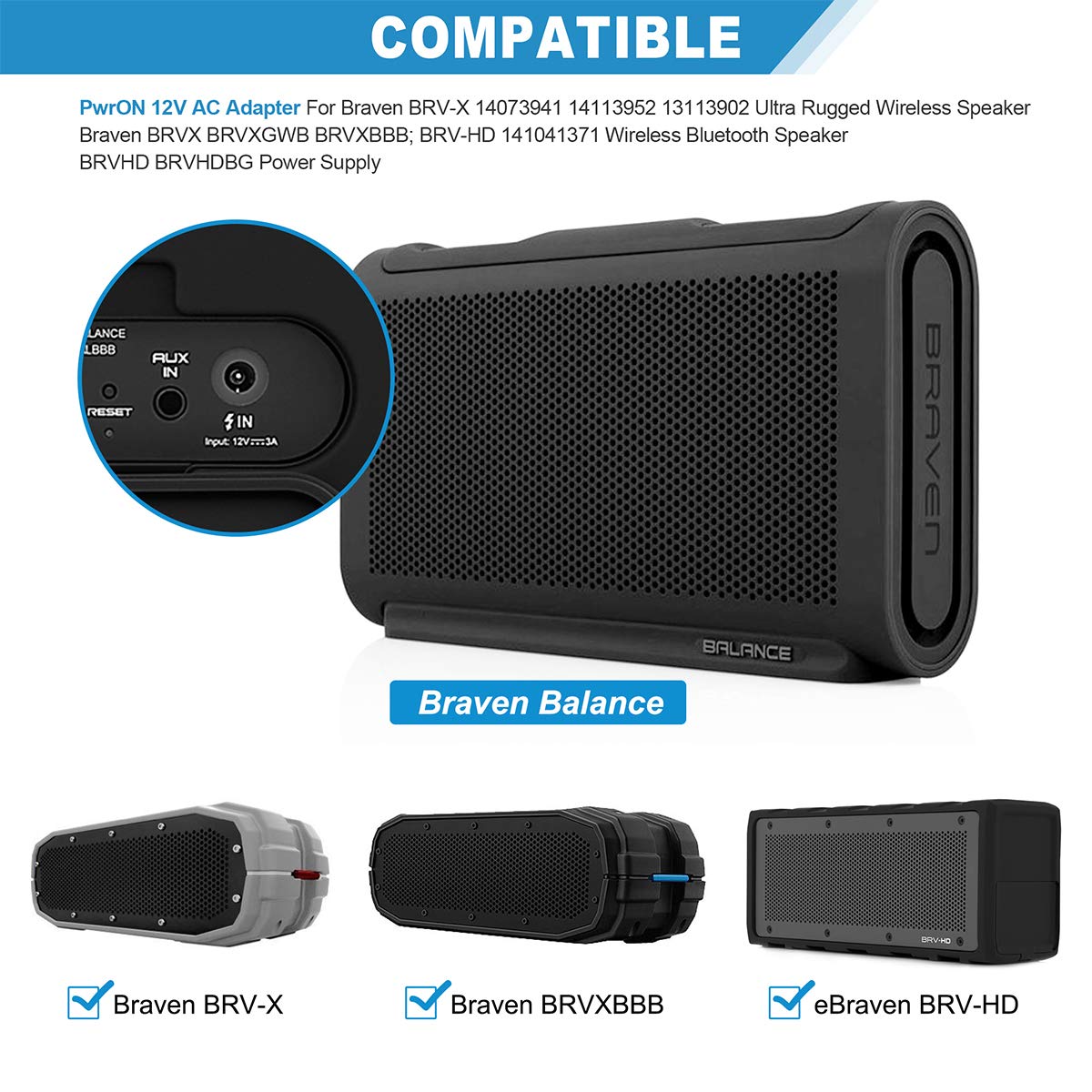 Pwron 12V Ac Adapter Fits For Braven Brv X 14073941 14113952 13113902 Ultra Rugged Wireless Speaker Braven Brvx Brvxgwb Brvxbbb; Brv Hd 141041371 Wireless Bluetooth Speaker Brvhd Brvhdbg Power Supply