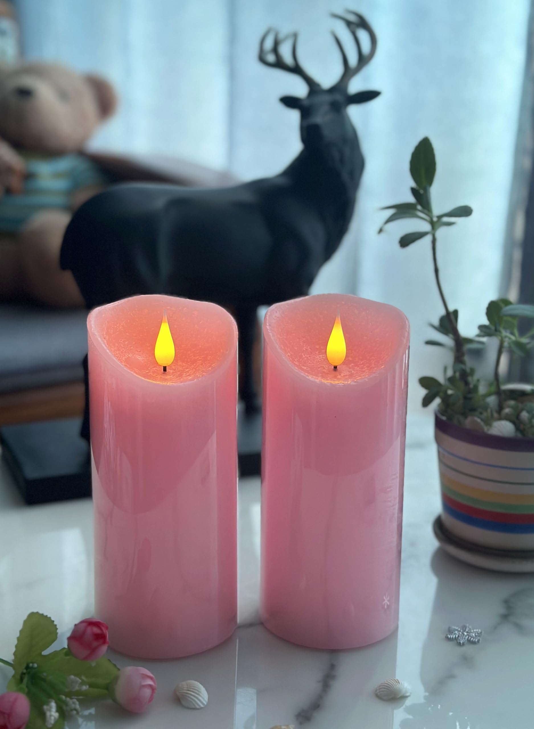 Adoria Large Pink Pillar Candles Battery Operated Set Of 2  Real Wax Flameless Candles With 3D Realistic Flame Rose Scented Dia