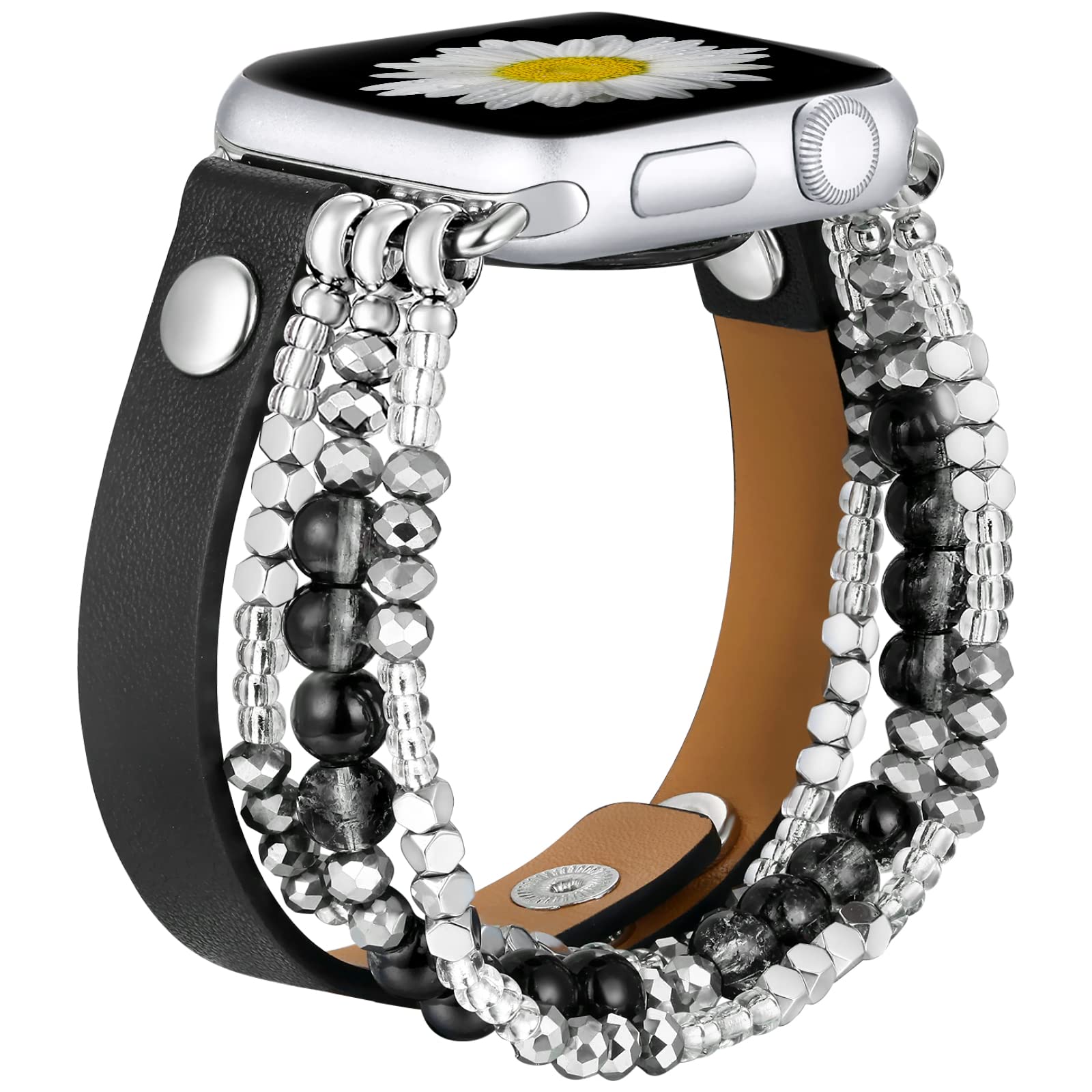 Fastgo Bracelet Band Leather Compatible With Apple Watch 38Mm 40Mm 41Mm Women, Dressy Fancy Elastic Beaded Jewelry Strap For Iwa