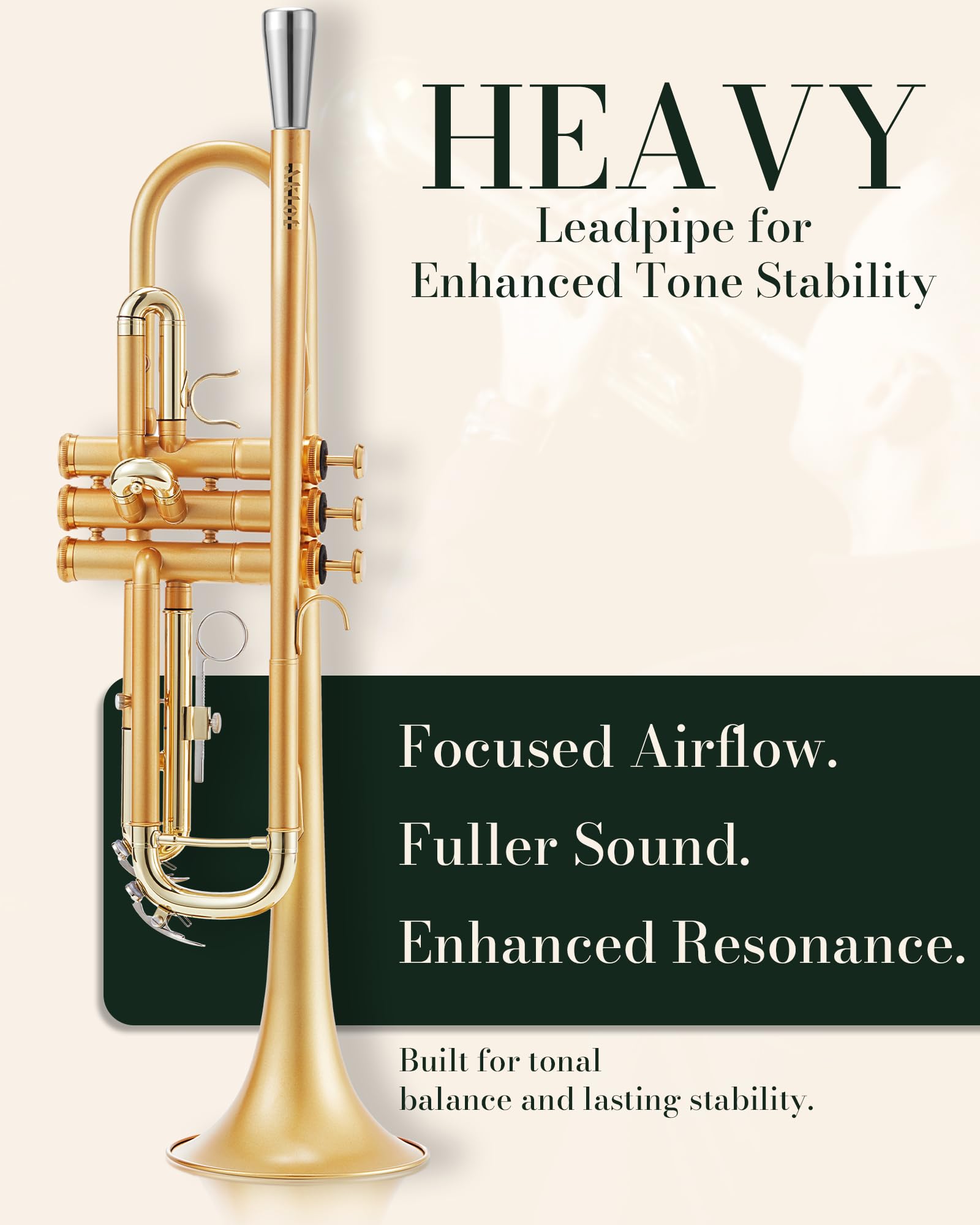 Aklot Weighted Leadpipe Bb Trumpet: Electroplated Nickel Pistons, Brushed Matte Gold, Leather Finger Guard, Weighted And Standar