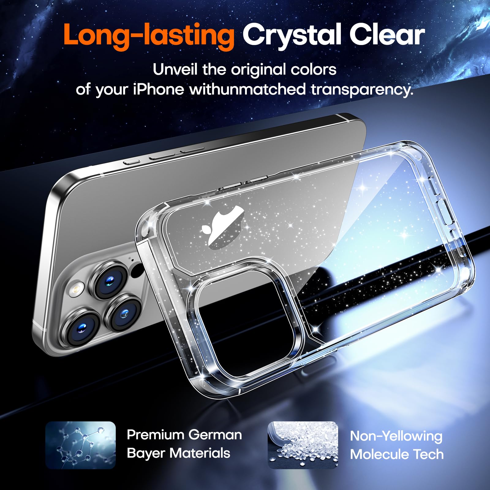 Tauri 3 In 1 For Iphone 15 Pro Case Glitter, [Not Yellowing] With 2X Screen Protector, [Military Grade Drop Protection] Bling Cu