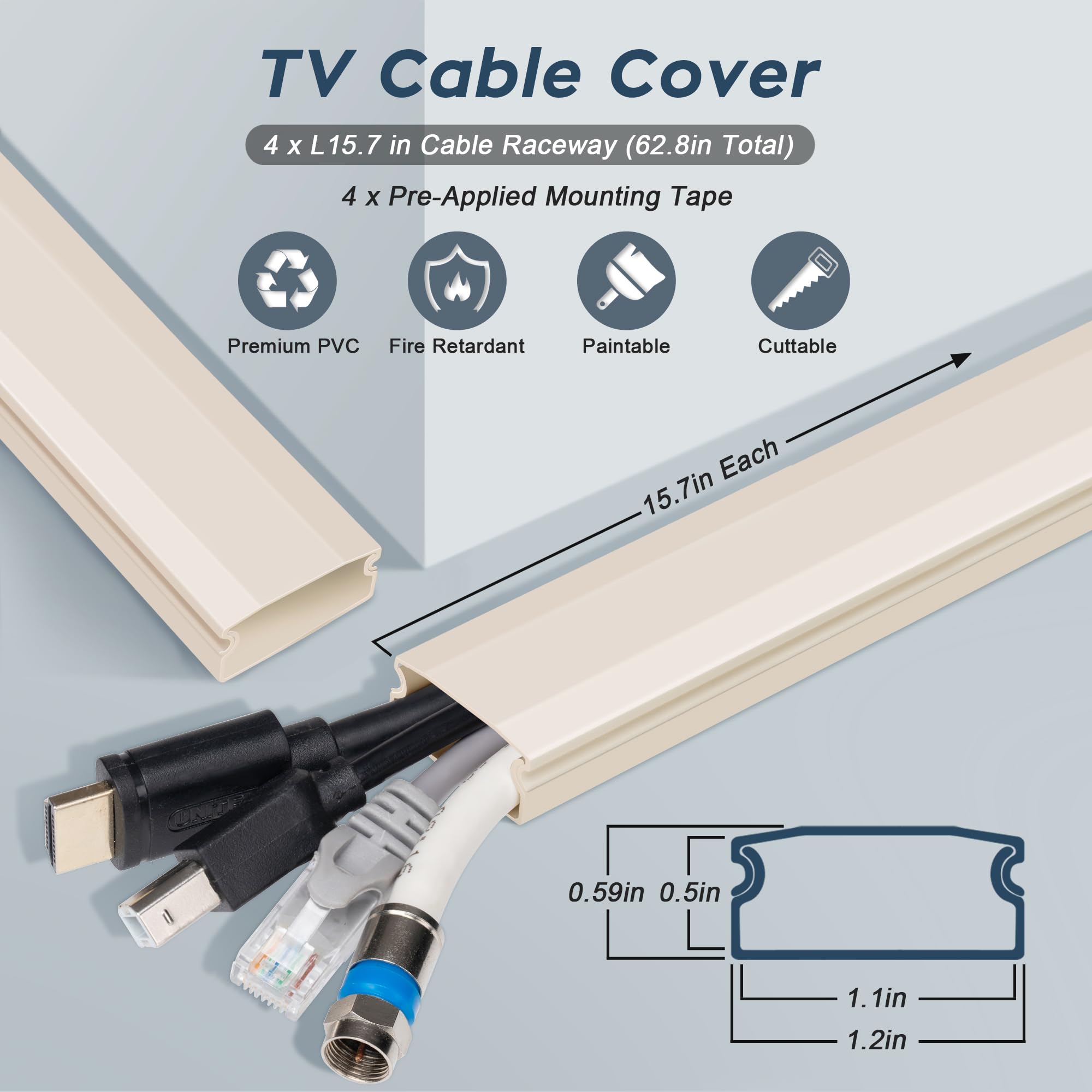 Tv Cable Hider   62.8In Pvc Cord Hider Cable Management Wall, Paintable Cable Concealer For Wall Mounted Tv, Cable Raceway Beige