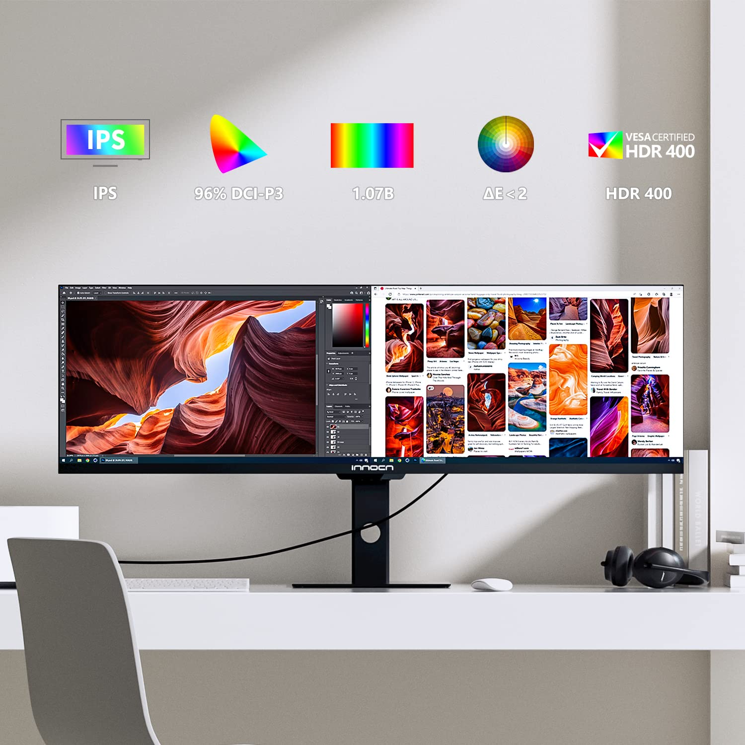 Innocn 44C1G Ultrawide Monitor 43.8'' Wfhd 3840 X 1080P 120Hz Monitor 32:9 Ips Computer Split Screen Monitor 96% Dci P3 Hdr400 F