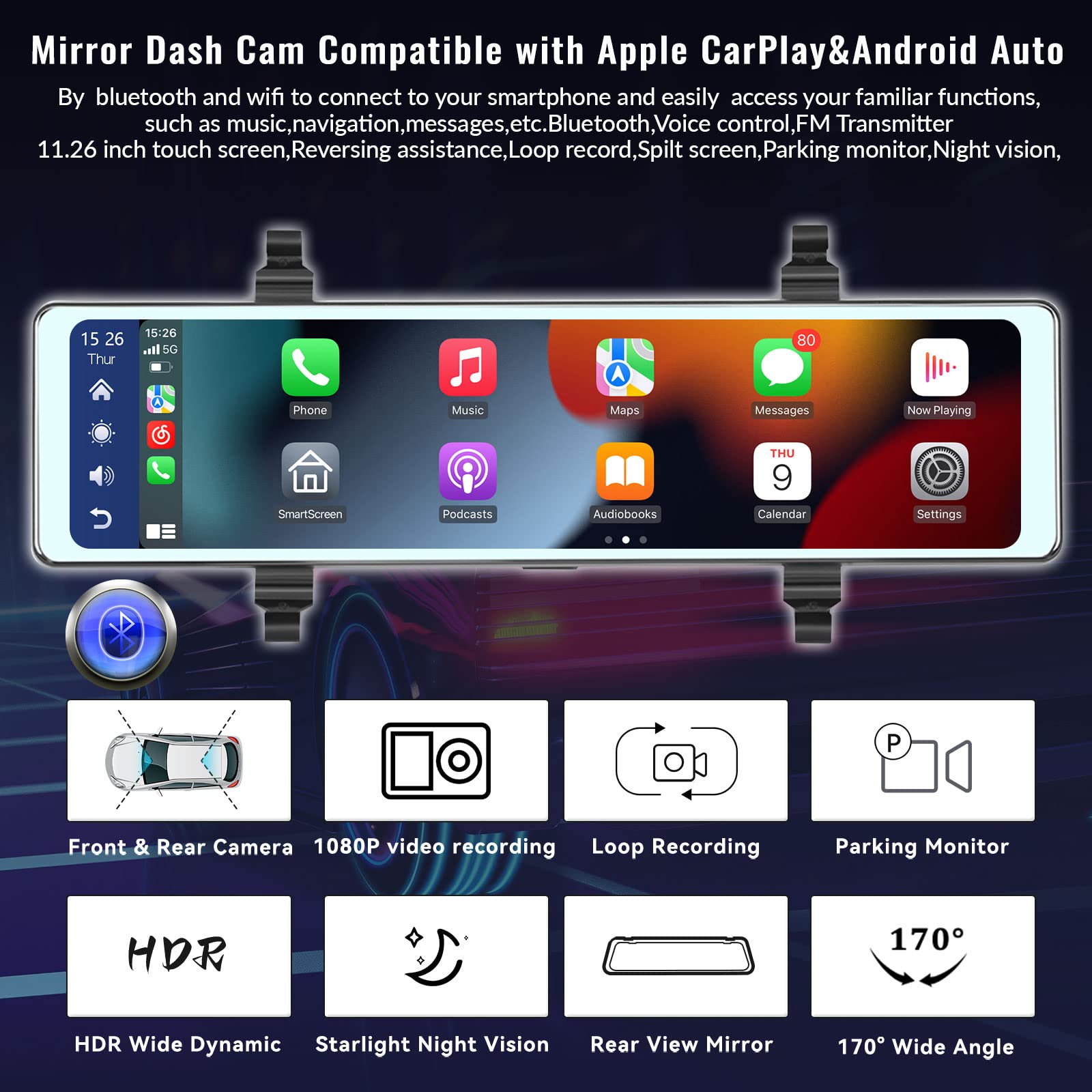 Mirror Dash Cam With Wireless Apple Carplay&Android Auto,11.26' Voice Control Rear View Mirror 1080P Front And Rear View Dual Cameras,Fm Transmitter,Night Vision,Parking Assistance, Wdr,Loop Recording