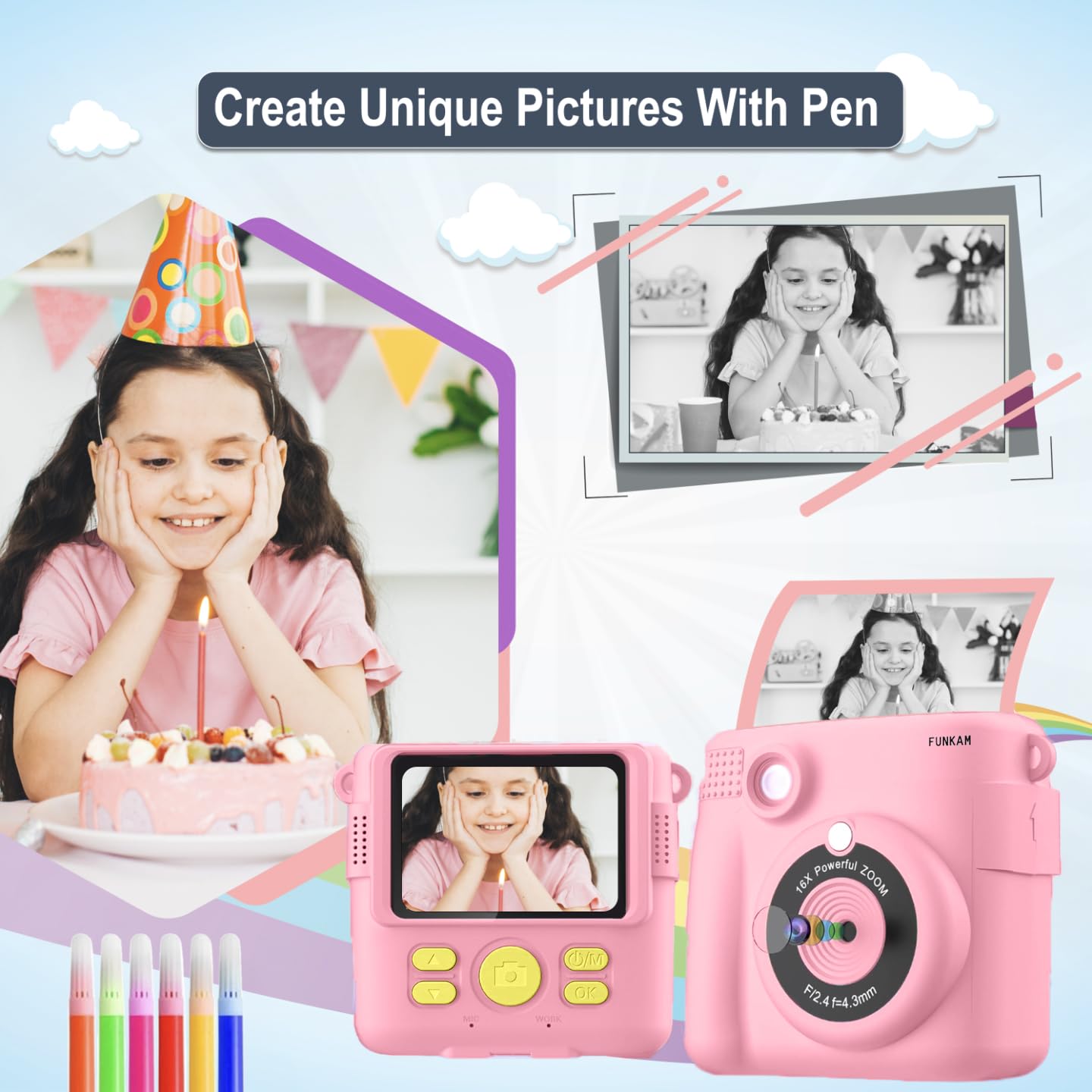 Instant Print Camera For Kids   2.4'' Hd 1080P   With 32Gb Sd Card, 5 Markers, Stickers, 5 Paper Rolls, Lanyard. Camera Boys And