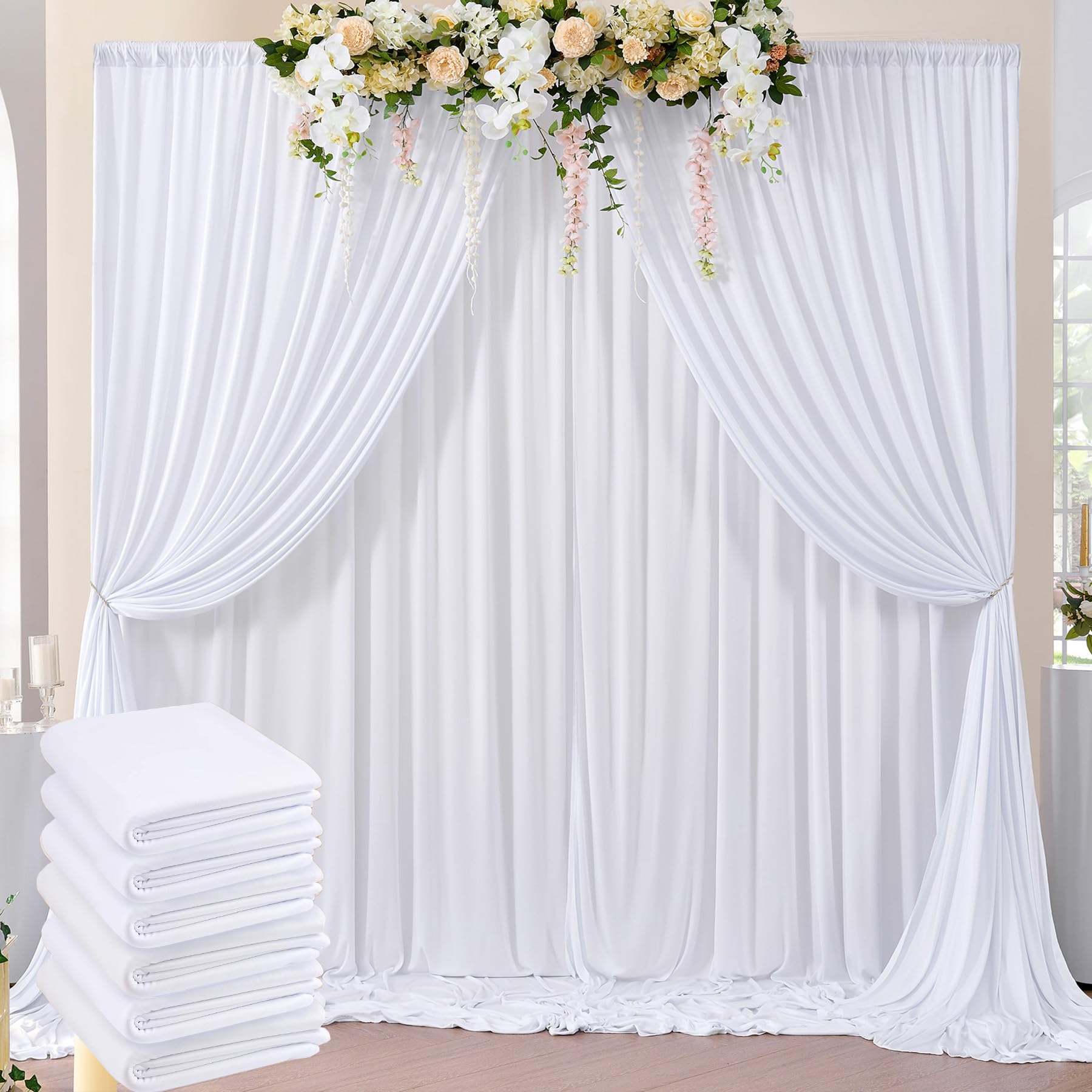 30 Ft X 10 Ft Wrinkle Free White Backdrop Curtain For Parties, Polyester Photo Backdrop Drapes 6 Panels 5X10Ft Curtains For Wedd