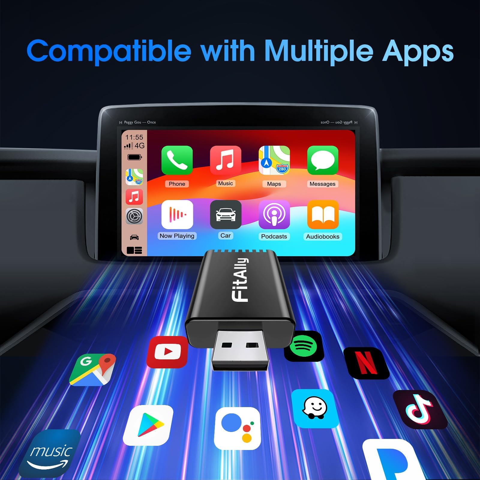 Fitally Wireless Carplay Adapter Apple,Plug & Play Carplay Wireless Adapter, Usb C & Usb A Cables,Dongle Converts Wired Carplay