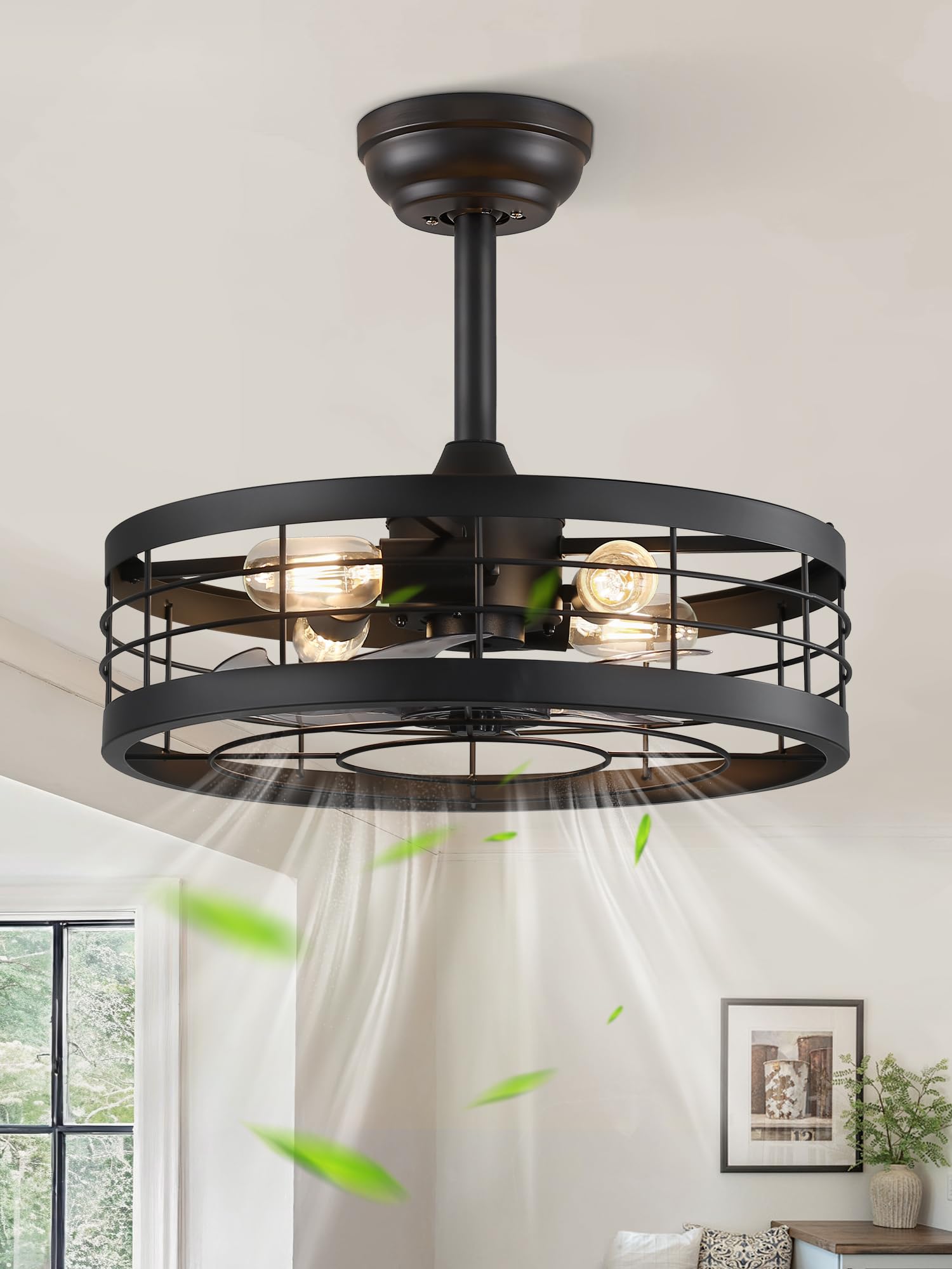 LEDIARY 18 inch Black Caged Ceiling Fan with Light, Bladeless Industrial Ceiling Fan with Remote, Farmhouse Fan Lights Ceiling F