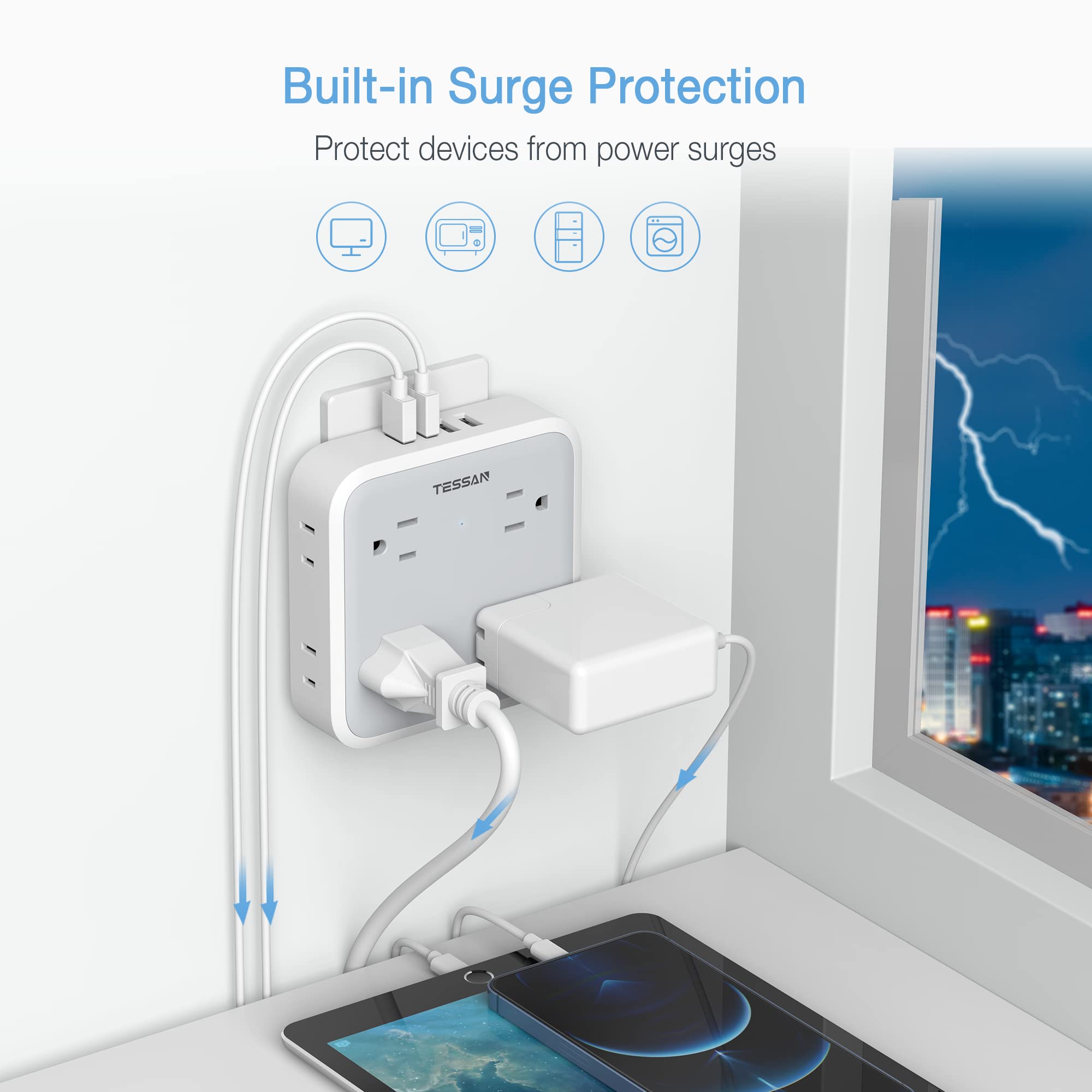 Multi Plug Outlet Extender, Tessan Multiple Outlet Splitter With 4 Usb Wall Charger, Widely Spaced 8 Electrical Plug Expander Su