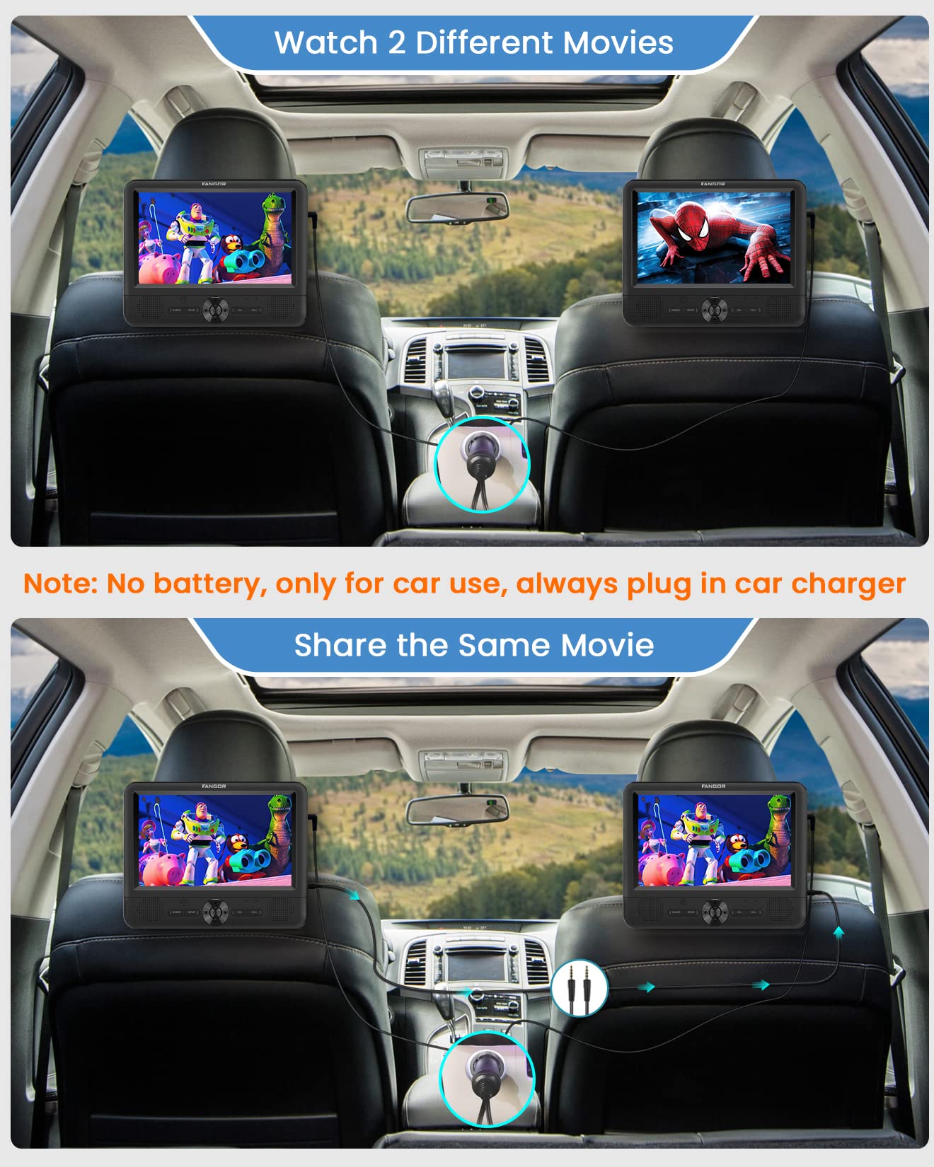 Fangor 7.5'' Dual Portable Dvd Player For Car, Car Dvd Player Dual Screen Play A Same Or Two Different Movies With Headrest Stra