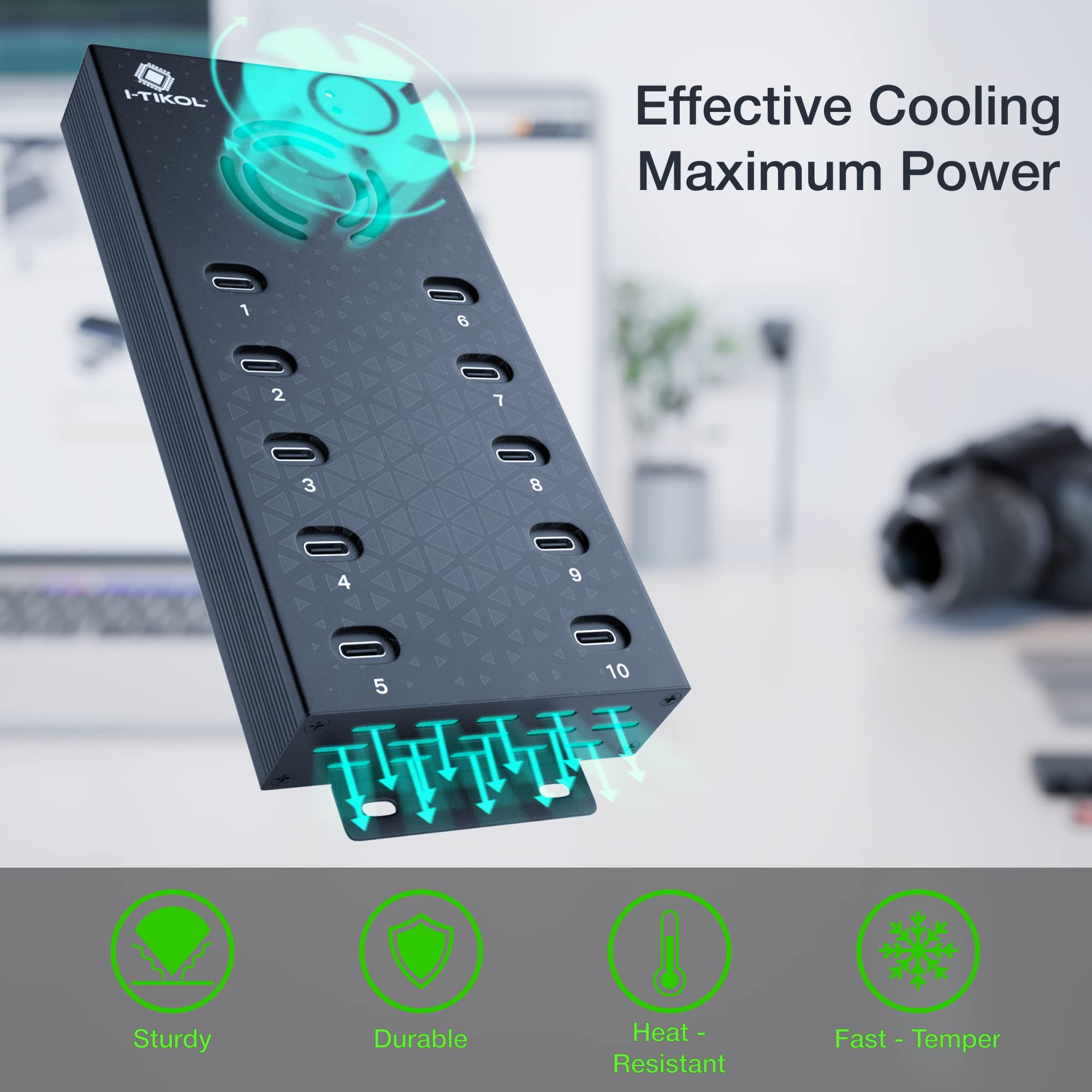 Usb 2.0 Hub Type C Multi Safety 10 Ports Powered, With Ac Adapter, Aluminum Usb Splitter With Cooling Fan   Type C For Laptops &