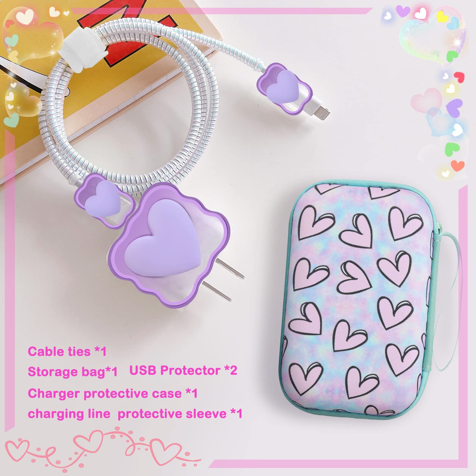 Phone Charger Storage Case Set With Purple 3D Love Heart Carrying Cover Bag Kawaii Cute Diy Cable Protector Charger Accessories