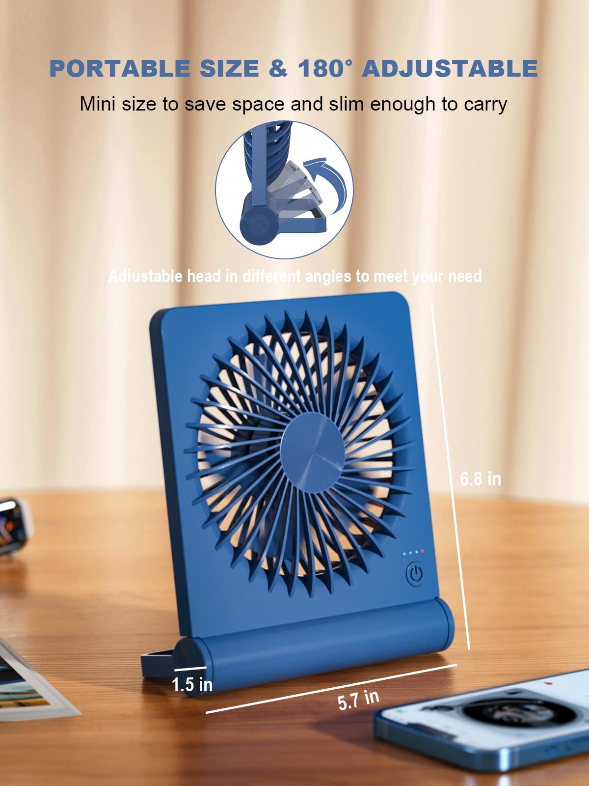 Tevelecin Small Desk Fan, 2000Mah Rechargeable Usb Fan Battery Operated,Ultra Quiet, Strong Wind, 3 Speeds Travel Fan