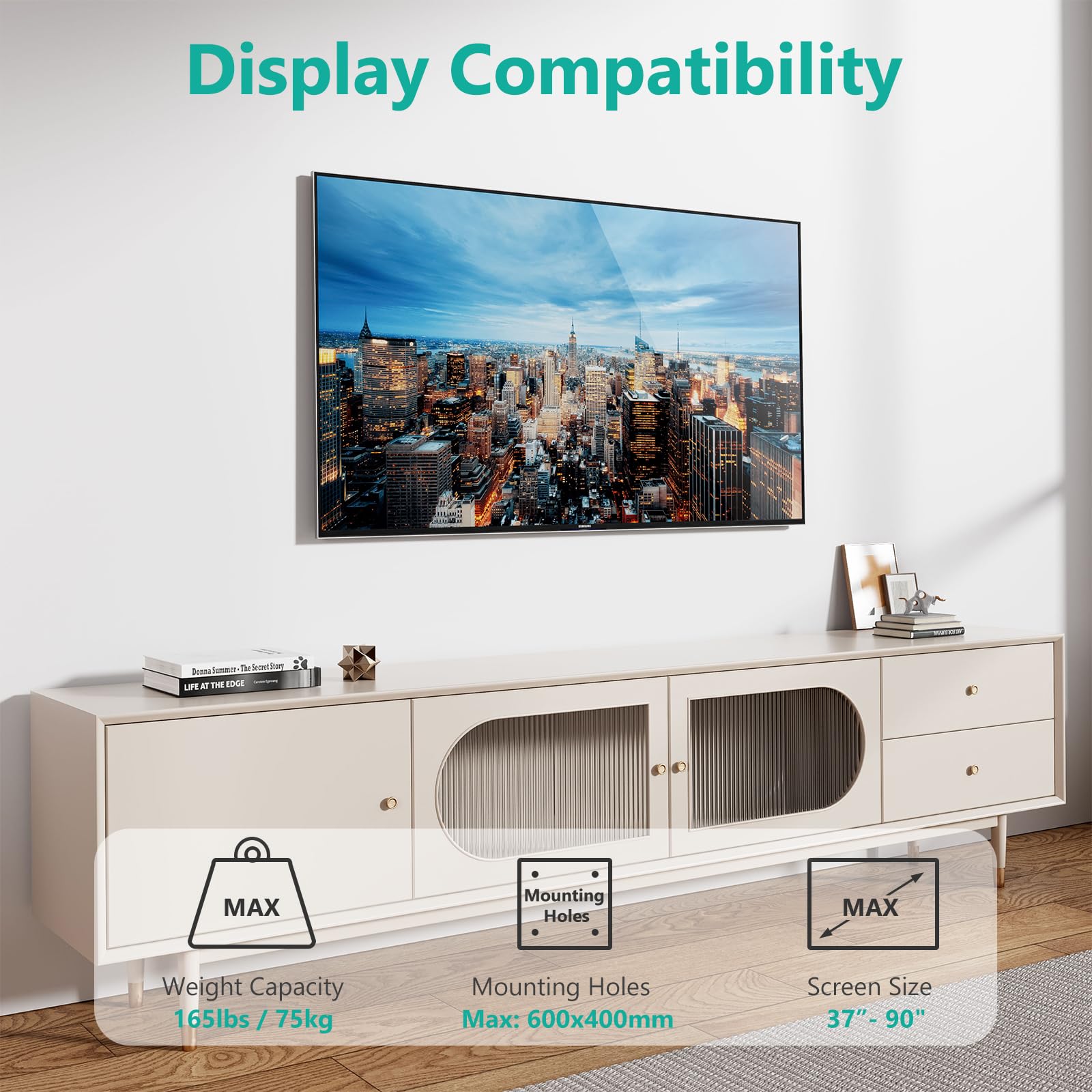 WALI TV Wall Mount Bracket for 37 90 Inch Flat Curved TVs up to 165 lbs, Low Profile Wall Mount Holds Your TV 1.1 Inch from The Wall, Mounting Holes up to 600x400mm (TTM 2), Black