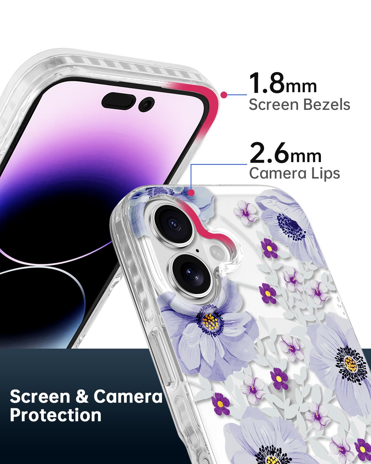 Scorpify For Iphone 16 Case [Compatible With Magsafe] With Purple Anemone Floral Design, Cute Clear Flower Phone Magnetic Cover