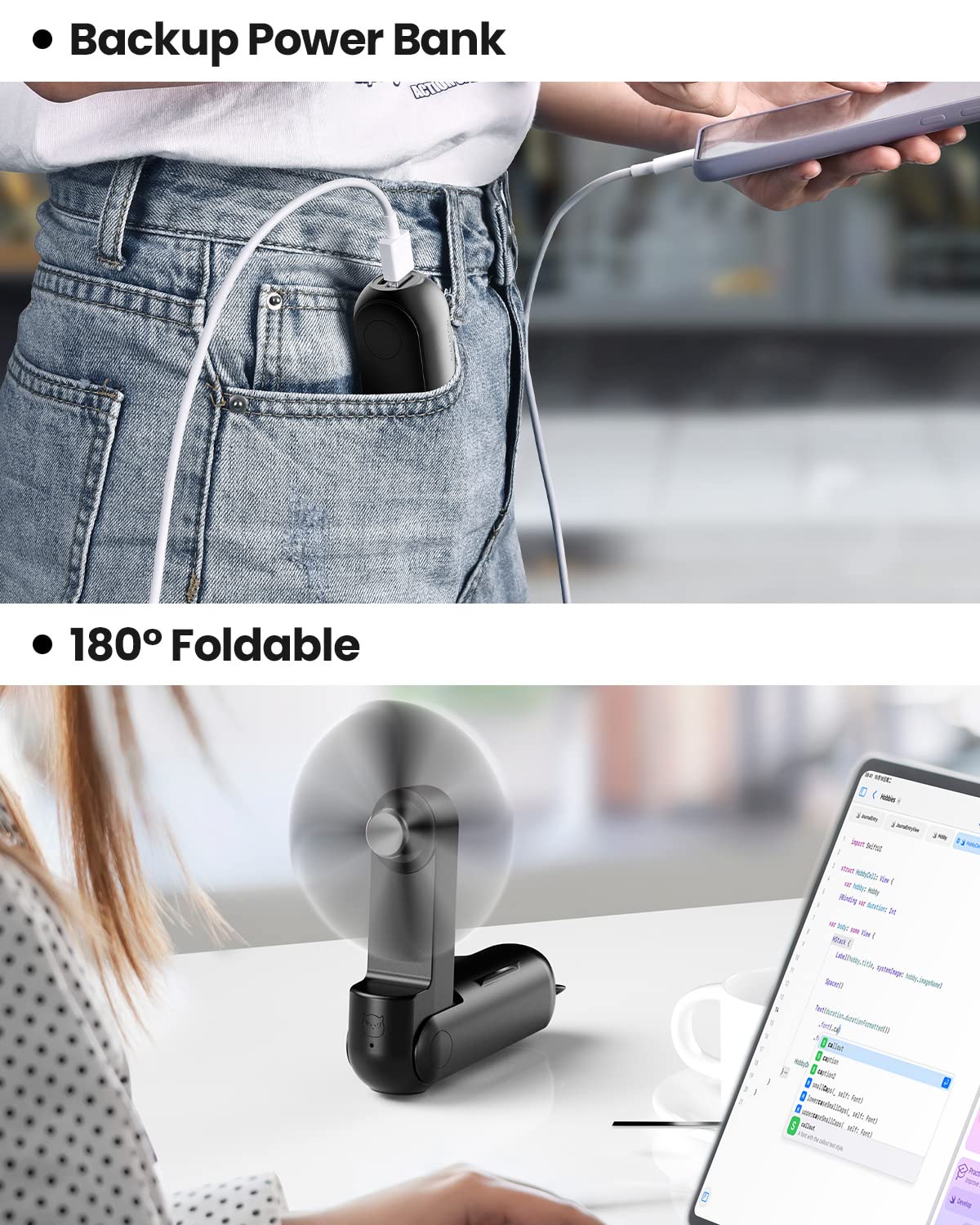 Gaiatop Portable Hand Held Fan With Usb Rechargeable 2000Mah Battery, Foldable, Small, Mini Eyelash Fan For Girls, Travel For Wo