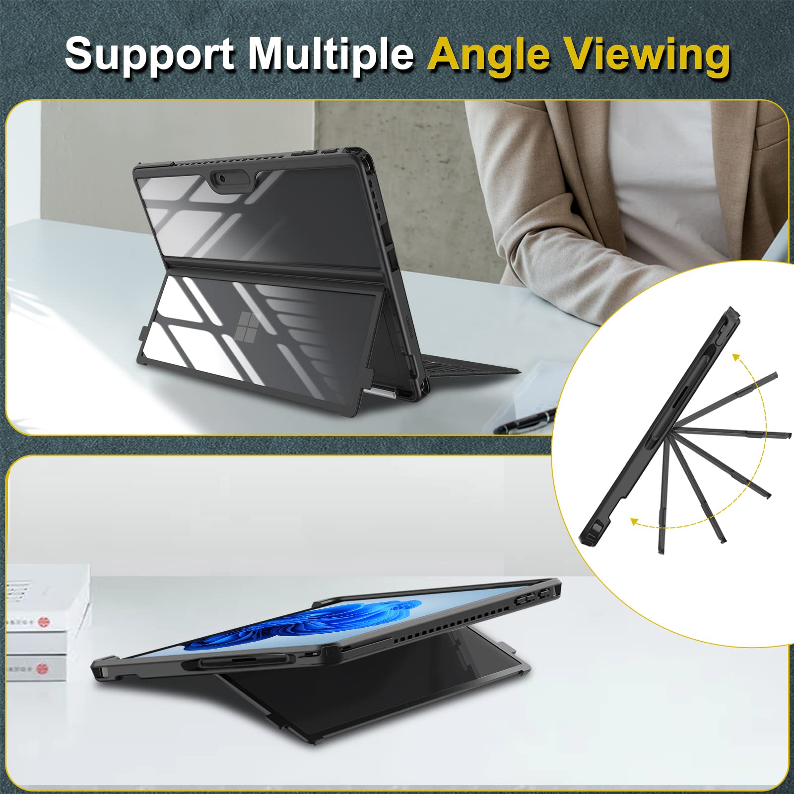 Fintie Hard Case For 13 Inch Microsoft Surface Pro 11/10/9 - Shockproof Folio Rugged Cover With Clear Transparent Back Shell Com