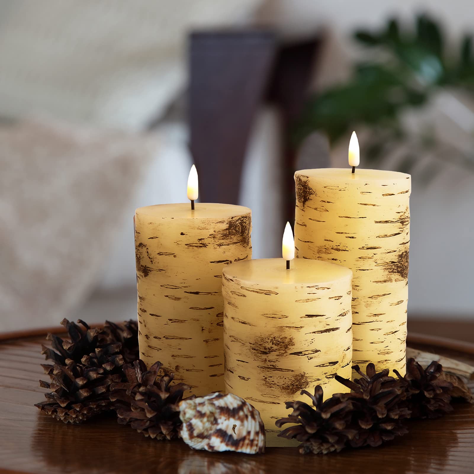 Eywamage Birch Wood Flameless Pillar Candles With Remote, Flickering Led Wax Battery Candles Set Of 3, Christmas Fall Decorative