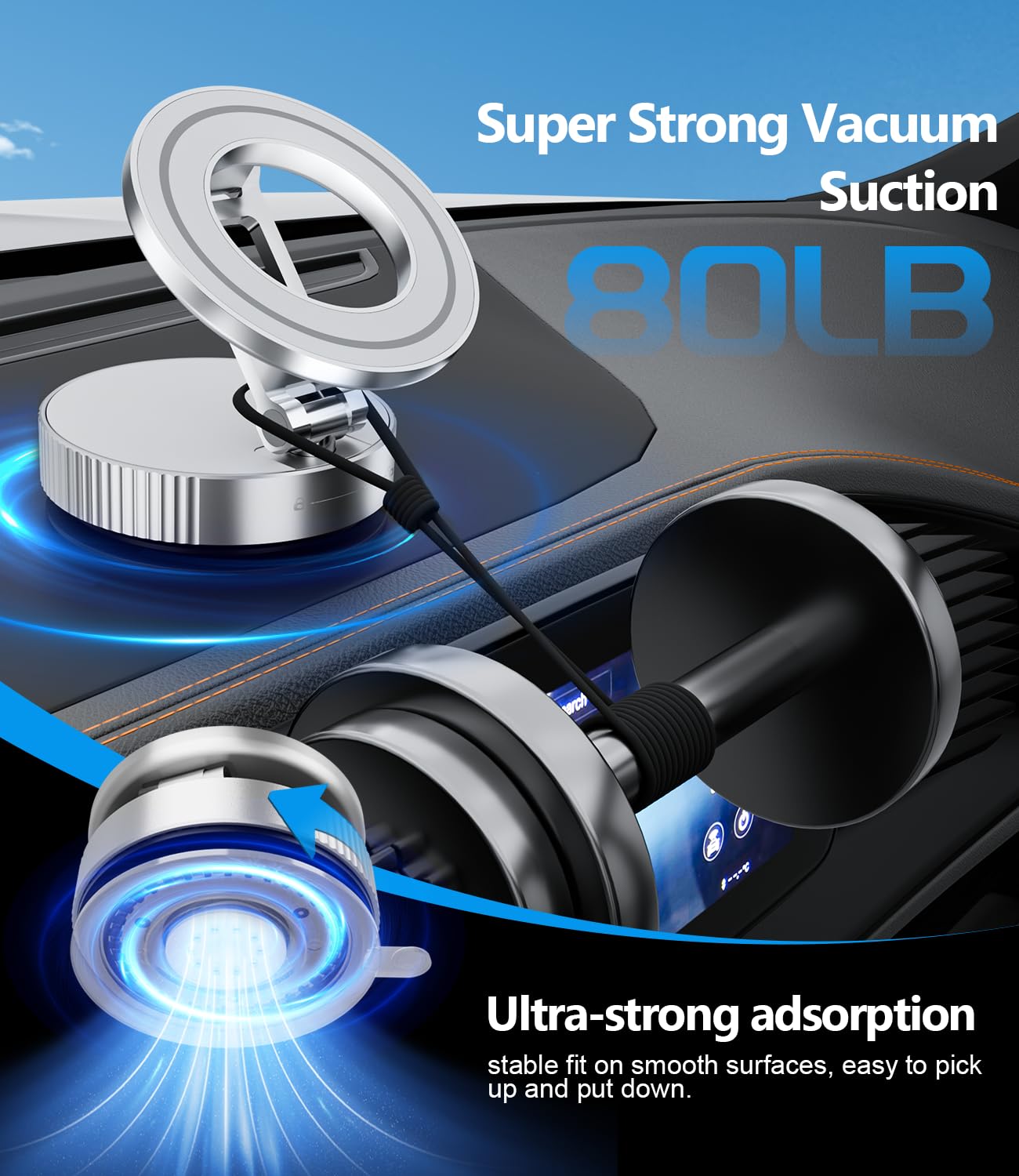 Cloudvalley Magnetic Car Phone Holder - Vacuum Suction Cup Phone Mount 360 Adjustable, Durable Metal Stand For Iphone & Android,