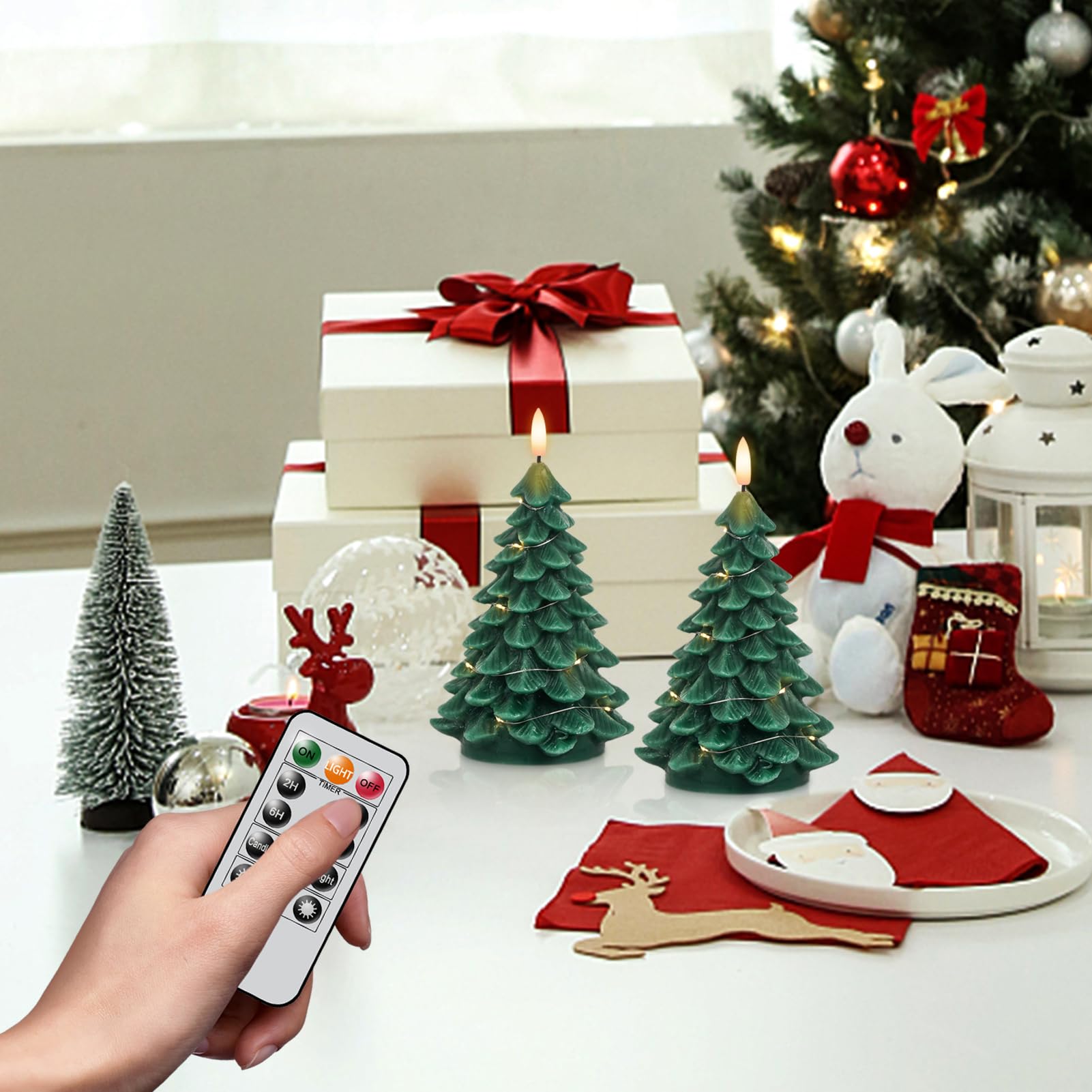 Lasumora Christmas Tree Shaped Led Candles With Remote Timer, 2 Pcs Flameless Pillar Candles With Embedded String Lights, Batter