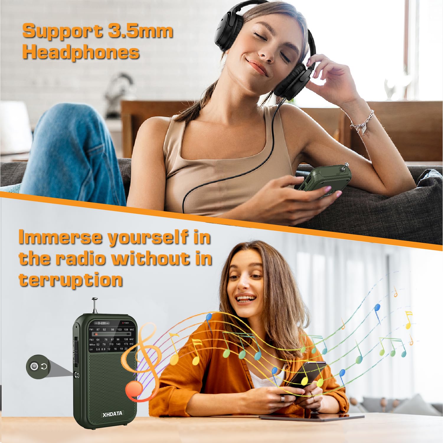Xhdata D220 Portable Radio Am Fm Sw Radio Battery Operated Radio, Shortwave Radio With Headphone Jack, Excellent Reception Trans