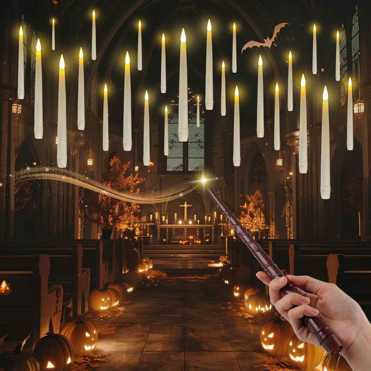 Homemory 20Pcs Floating Candles With Wand Remote, Magic Hanging Candles With Timer, Flickering Warm Light Halloween Floating Can