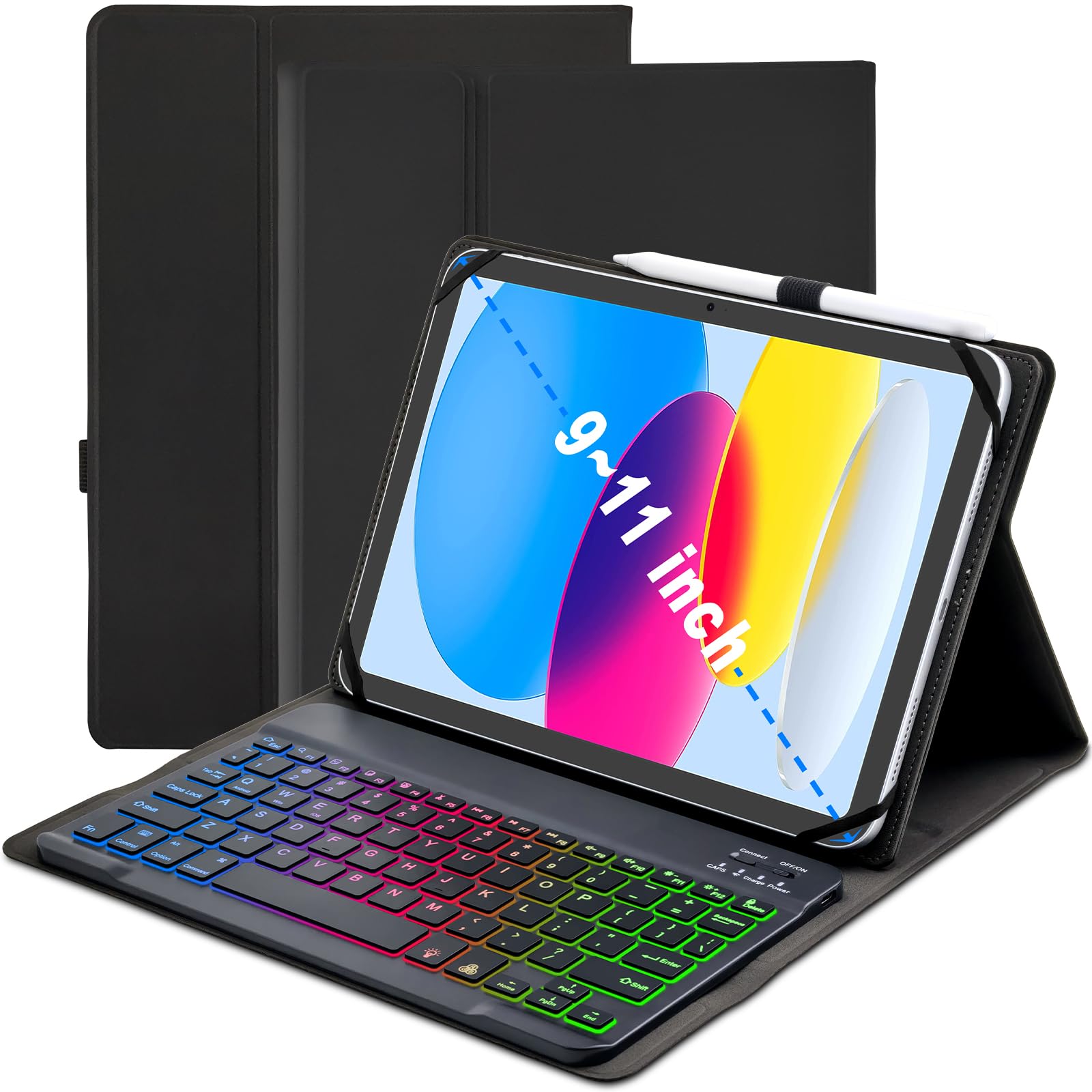 XCHYTECHER Universal Tablet Keyboard Case for 9.7,10.1,10.2,10.5,10.9,11 Tablets, 7 Color Rainbow Backlit Removable Keypad with 