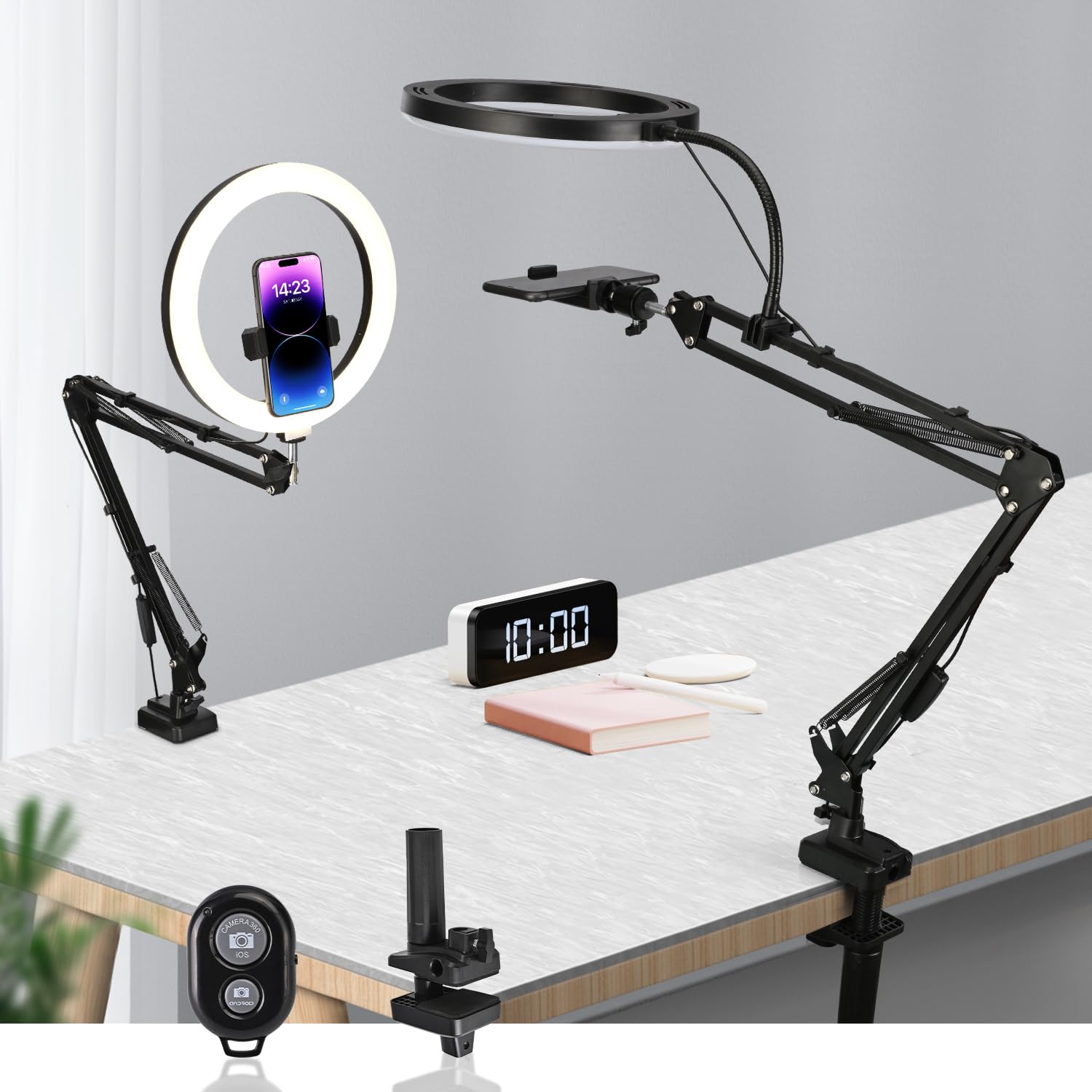 Weiibdie Overhead Camera Mount With 10'' Selfie Ring Light,Adjustable Phone Arm Stand, Desk Tripod Holder Content Creator Lighti