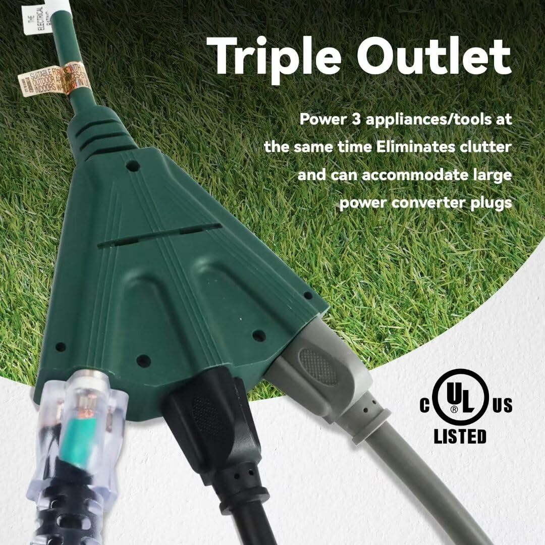 Greatide 6 Ft Outdoor Extension Cord With 3 Electrical Power Outlets   16/3 Sjtw Green Cable With 3 Prong Grounded Plug