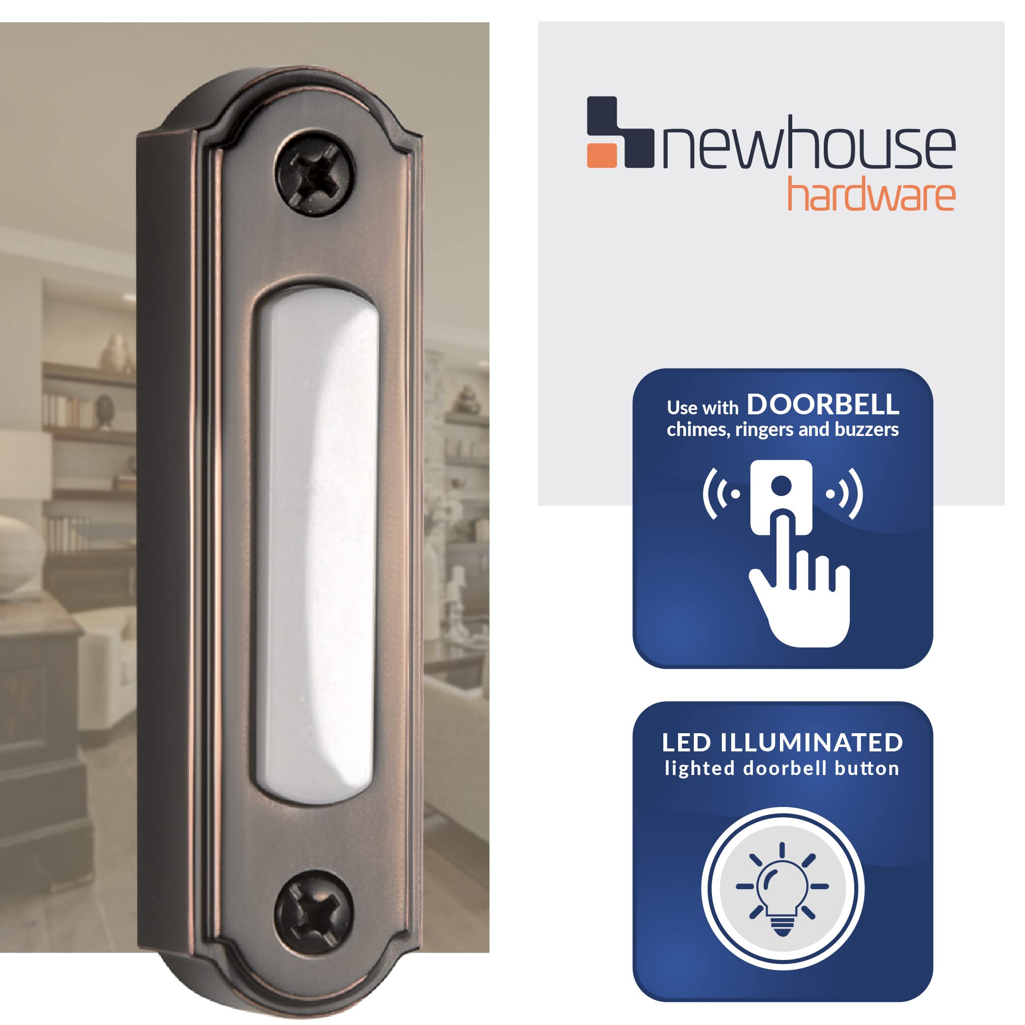 Newhouse Hardware Led Lighted Metal Door Chime Push Button (Oil Rubbed Bronze) | Surface Mount Lighted Door Bell Button | Replac
