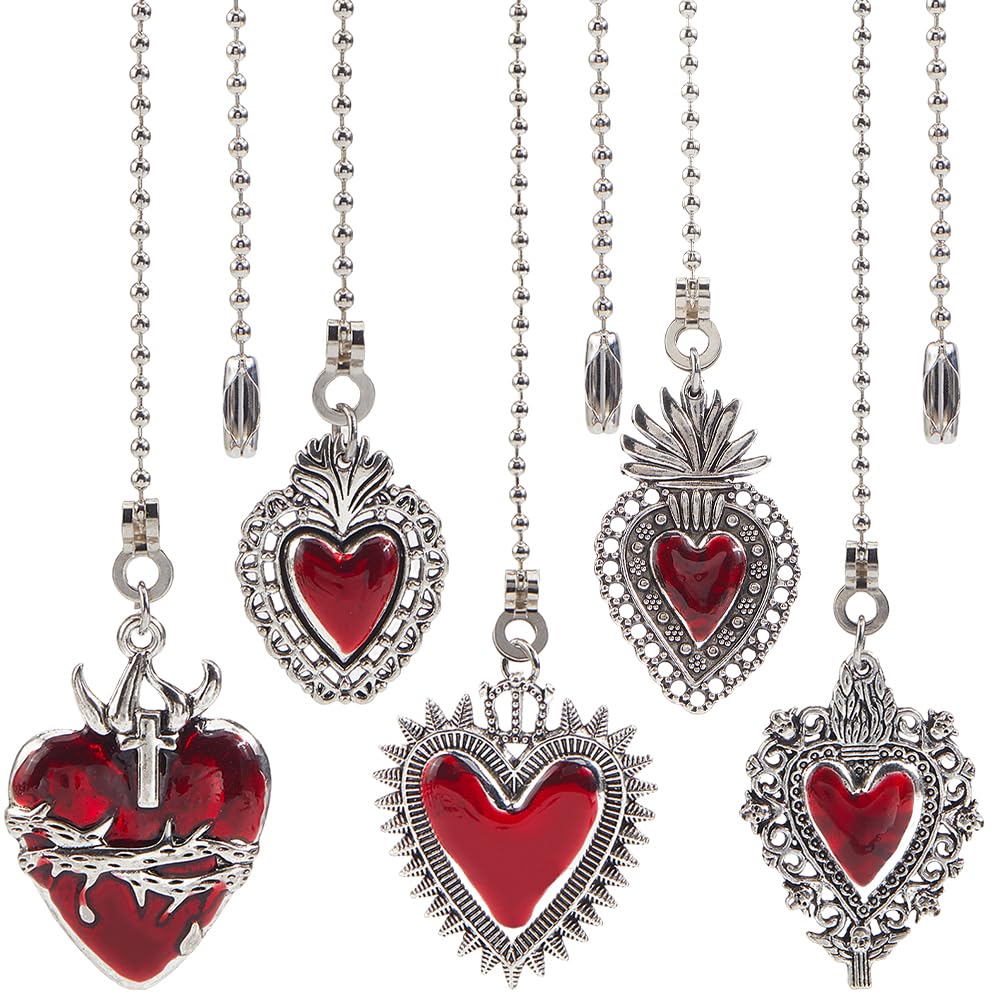 CRASPIRE 10Pcs 5 Styles Heart Ceiling Fan Pull Chain Silver Fan Chains Extensions Metal Alloy Adjustable Gothic Red Hearts Boho
