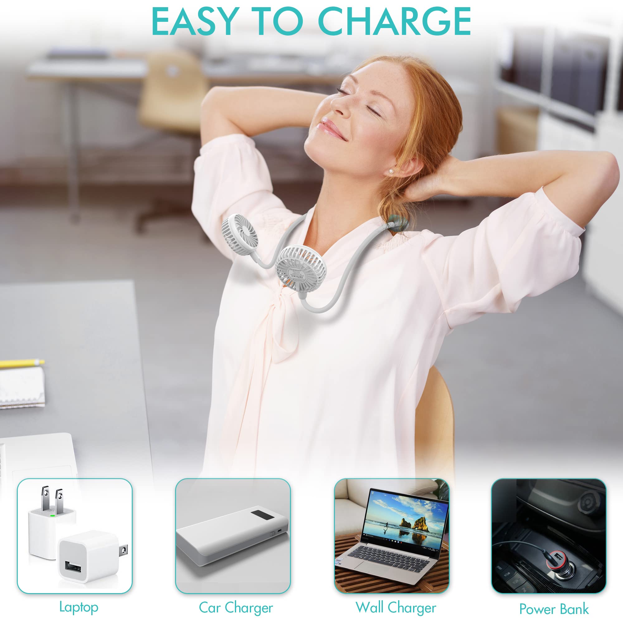 Portable Neck Fan, 2600Mah Battery Operated Ultra Quiet Hands Free Usb Fan With 3 Speeds, Strong Wind, 360 Adjustable High Flexi