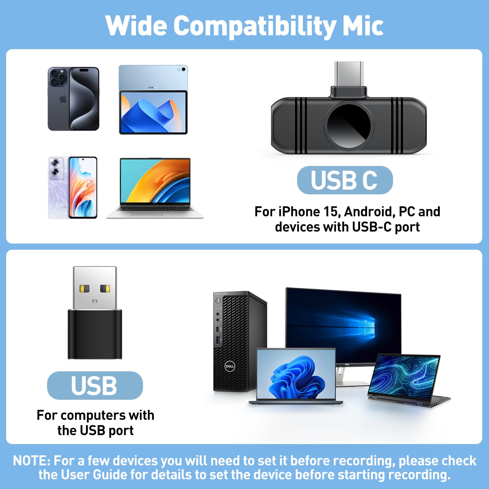 Type C Wireless Lavalier Microphone For Iphone 15,Android And Laptop,Tablet,Pc,Clip On Microphone With Noise Reduction For Video
