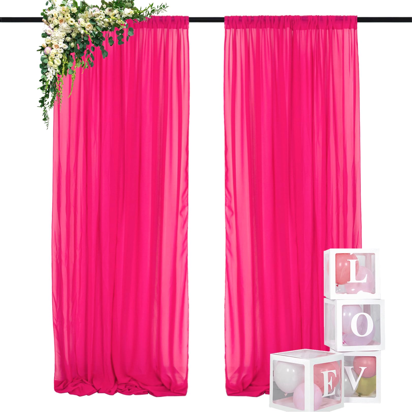 DUOBAO Hot Pink Chiffon Backdrop Curtain 2 Panels 29 Inch (74cm Wide) by 120 Inches (300cm Long) Wedding Chiffon Backdrop Drapes