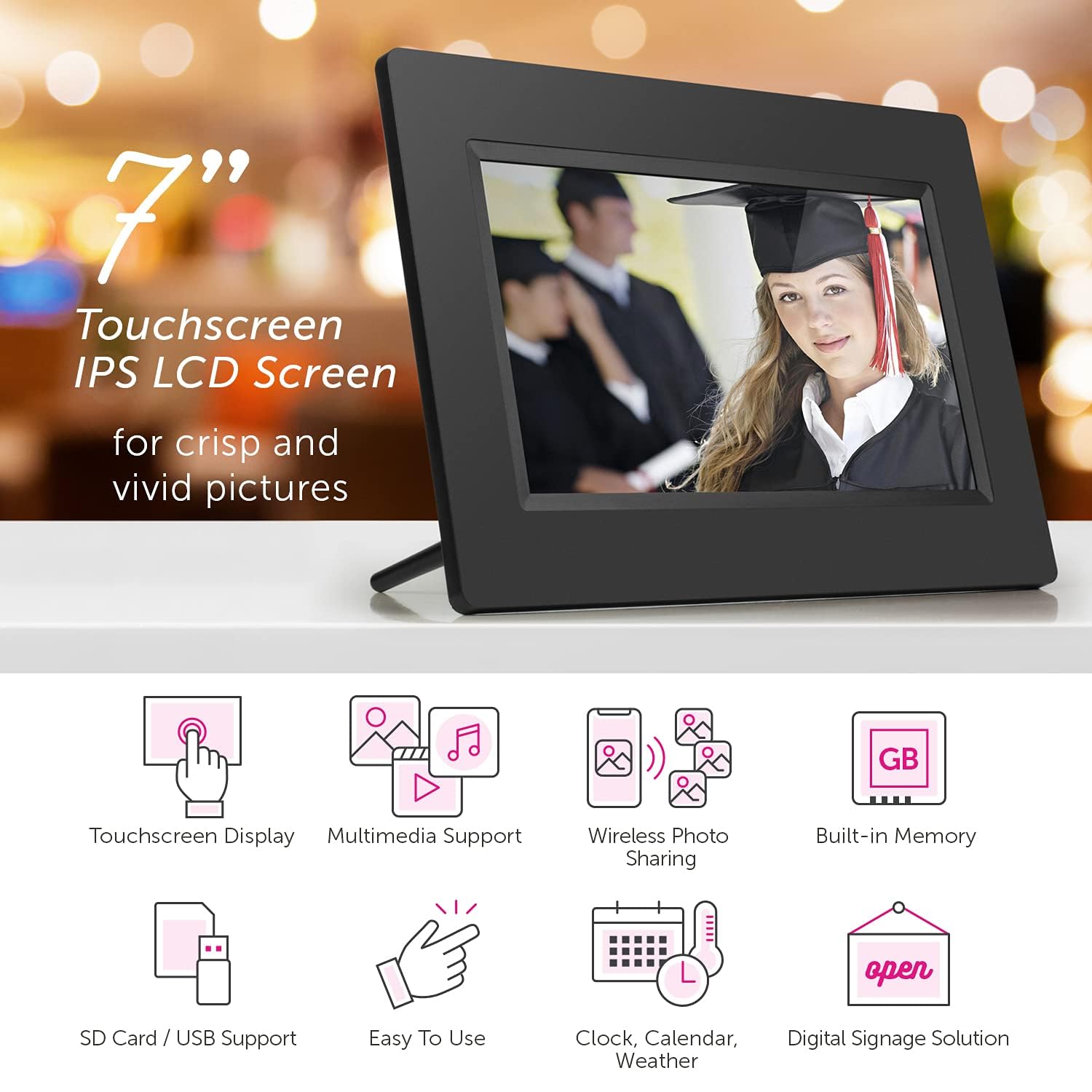 Aluratek 7'' Lcd Wifi Digital Photo Frame With Touchscreen And 8Gb Built In Memory, Usb/Sd/Sdhc Supported, Built In Clock, Calen