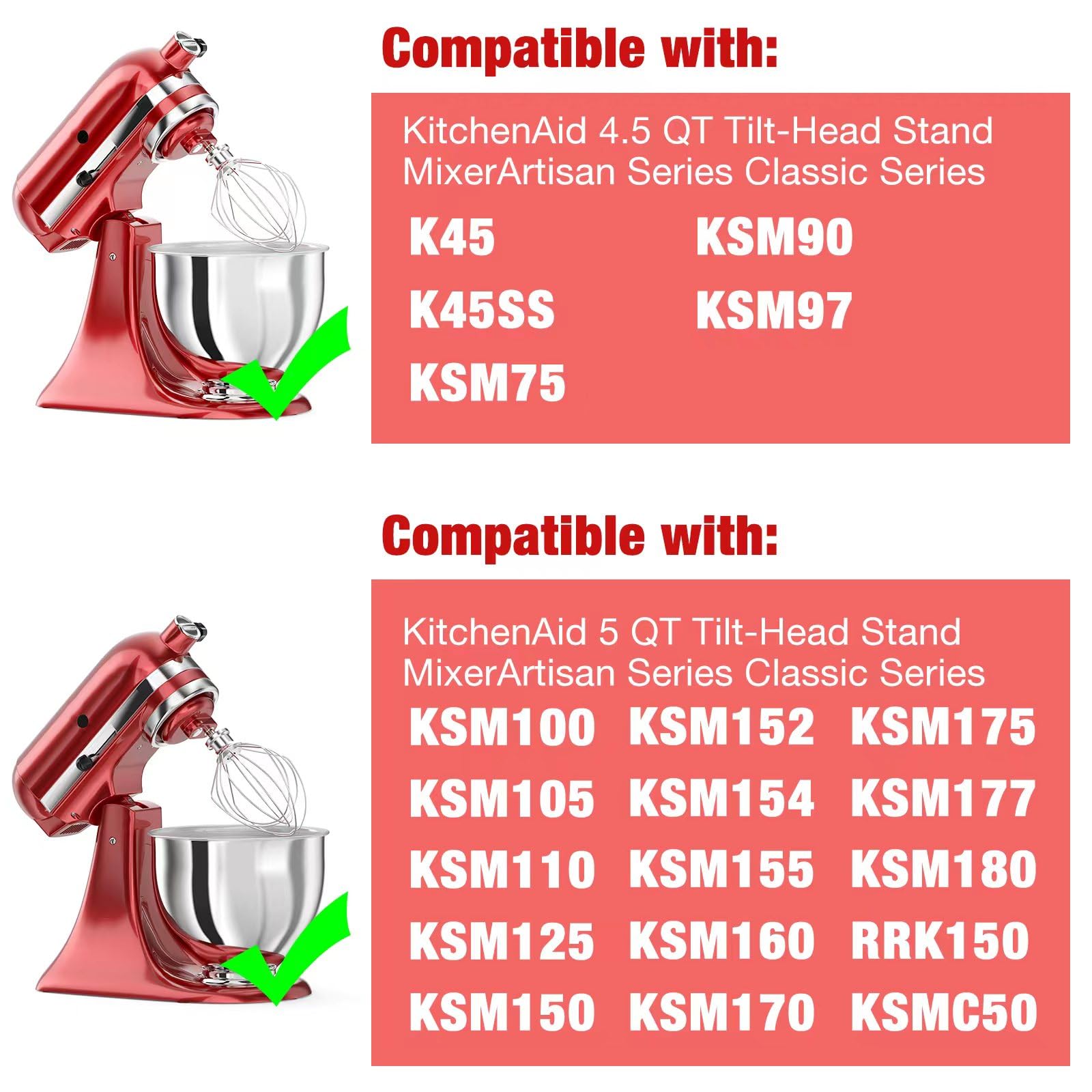 K45Ww Stainless Steel 6 Wire Whip Attachment For Kitchenaid Tilt Head Stand Mixer 4.5 5 Quart Bowl, Stainless Steel Whisk Replac