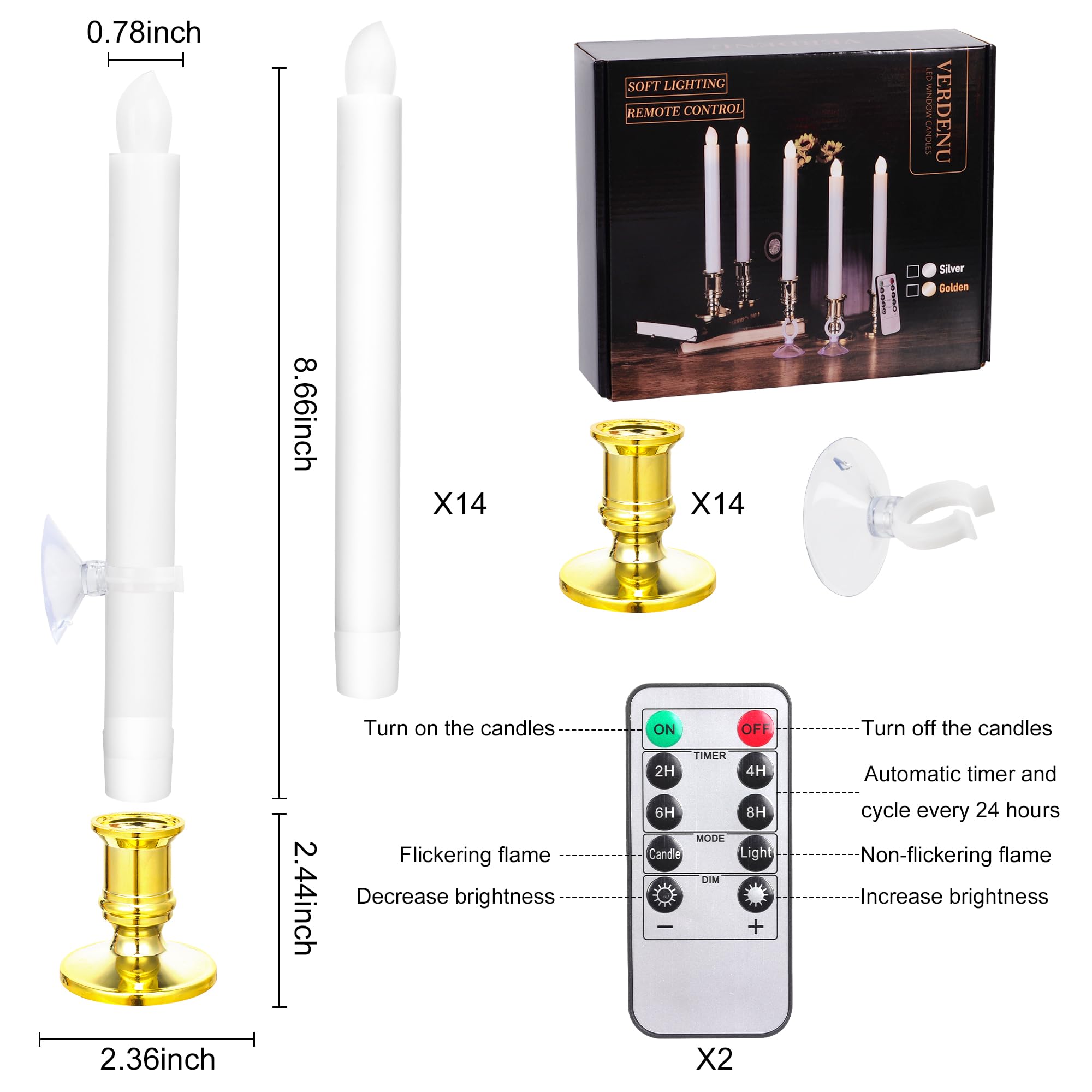 Verdenu 14 Pack Christmas Window Candles With Timer Remote, Battery Operated Led Candles With Holder/Suction Cups, Gold