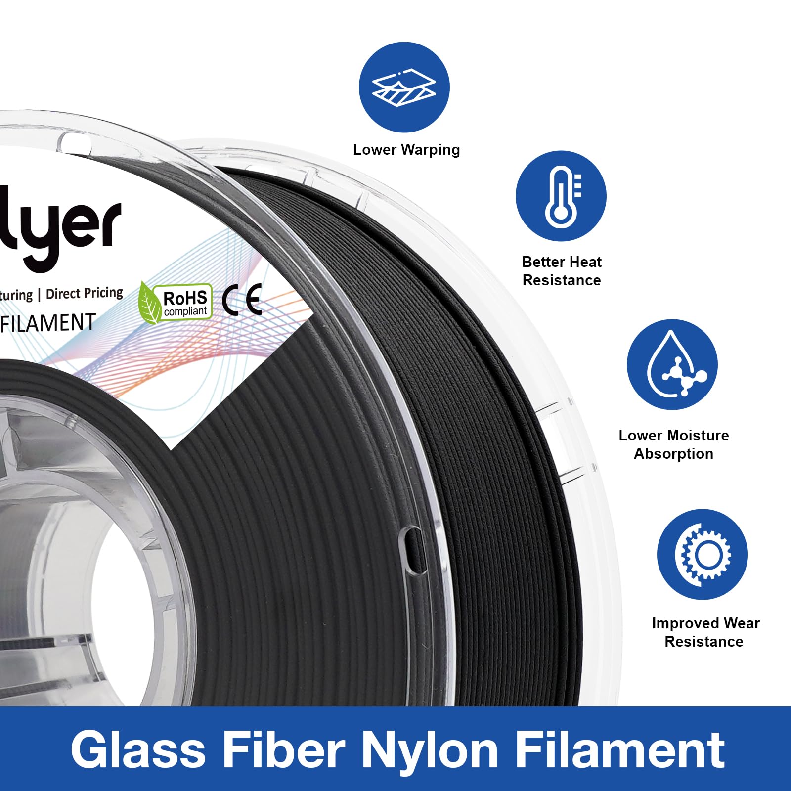Nylon Glass Filled Filament Black Nylon Glass Fiber 3D Printer Filament Pa6-Gf 1Kg With Reusable Pc Spool