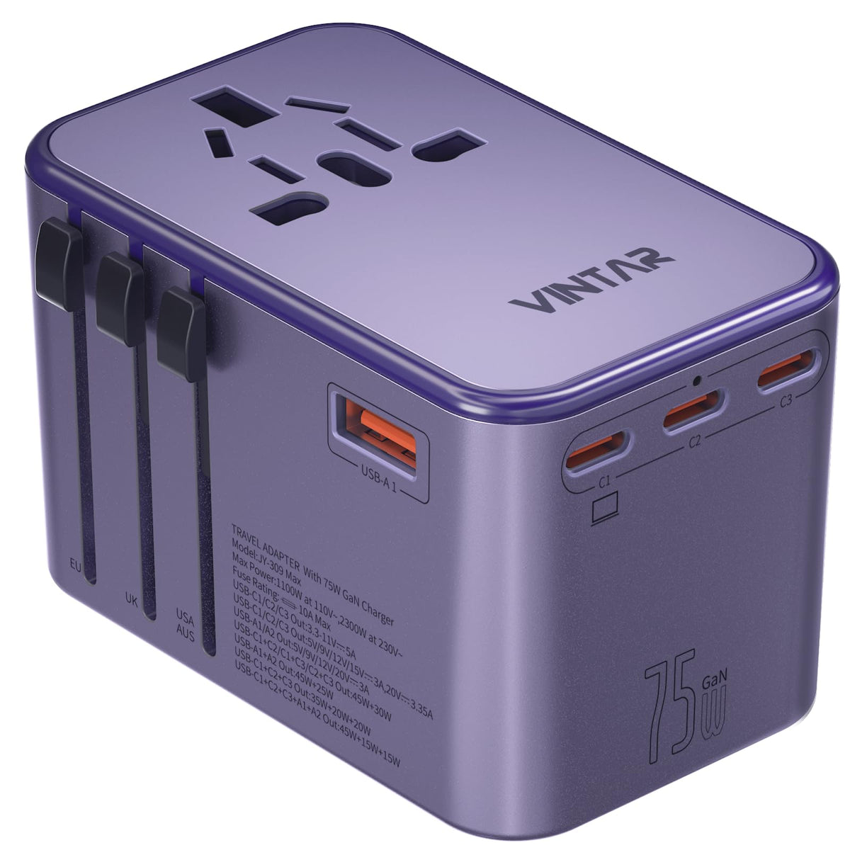 Universal Travel Adapter, Vintar 75W Gan International Power Adapter With 3 Usb-C Pd And 2 Usb-A Qc Chrging Ports, All-In-One Ou