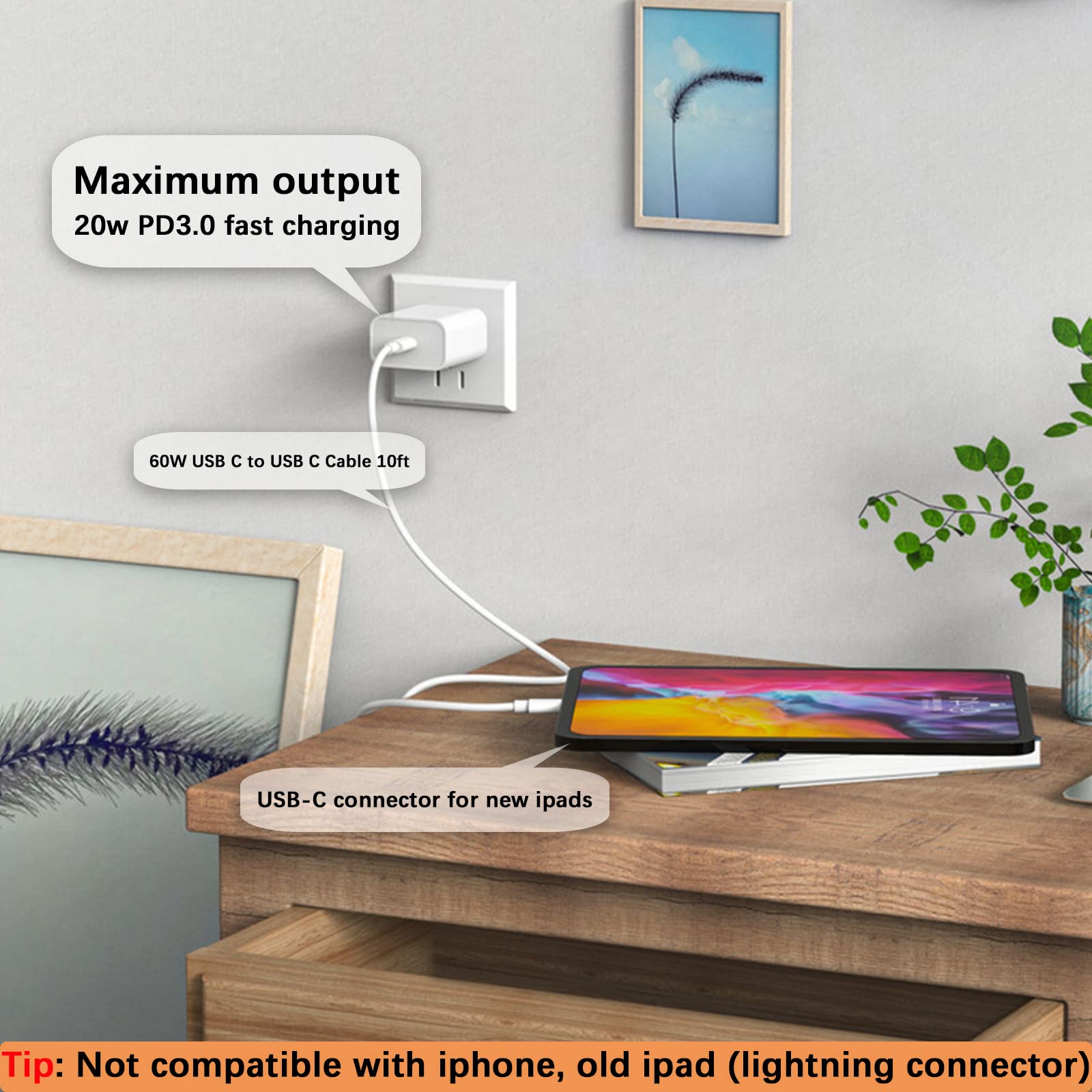 10Ft For Ipad Charger Fast Charging, Ipad Pro Charger, Ipad 10Th Generation/ 13/12.9/11/ 10.9 Inch, Air 5Th/ 4Th, Mini 7 6Th, 20W Tpyc C Block Long Usb C To C Cable For Iphone 16/15,2 Pack White