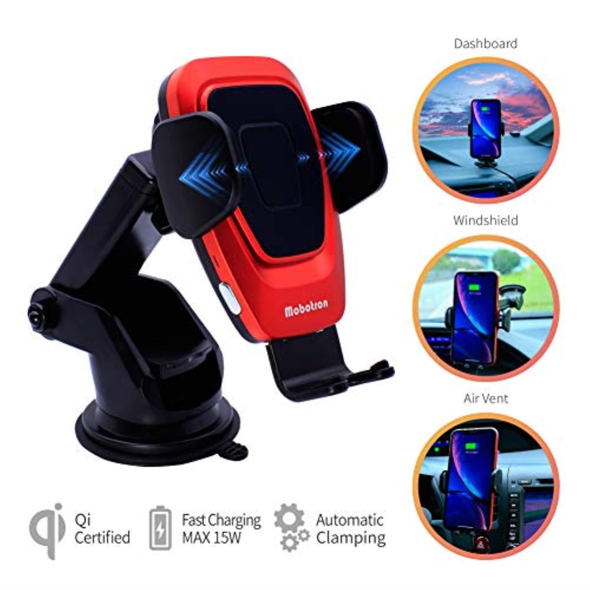 Mobotron Wireless Car Charger Smartphone Mount (Red), Qi 15W Fast Charging