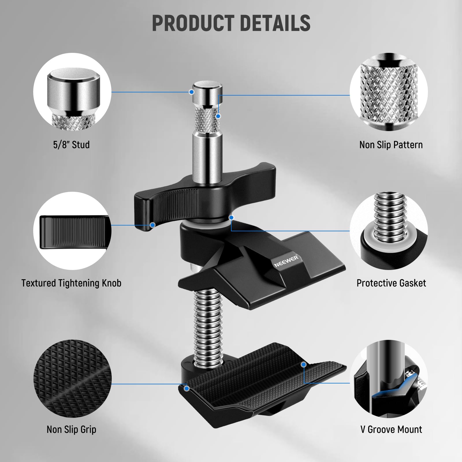 Neewer 2'' End Jaw Grip With 5/8'' Stud, Steel Shaft End Pipe Grip Clamp With Adjustable Aluminum Jaws, Rubber Pads For C Stand,