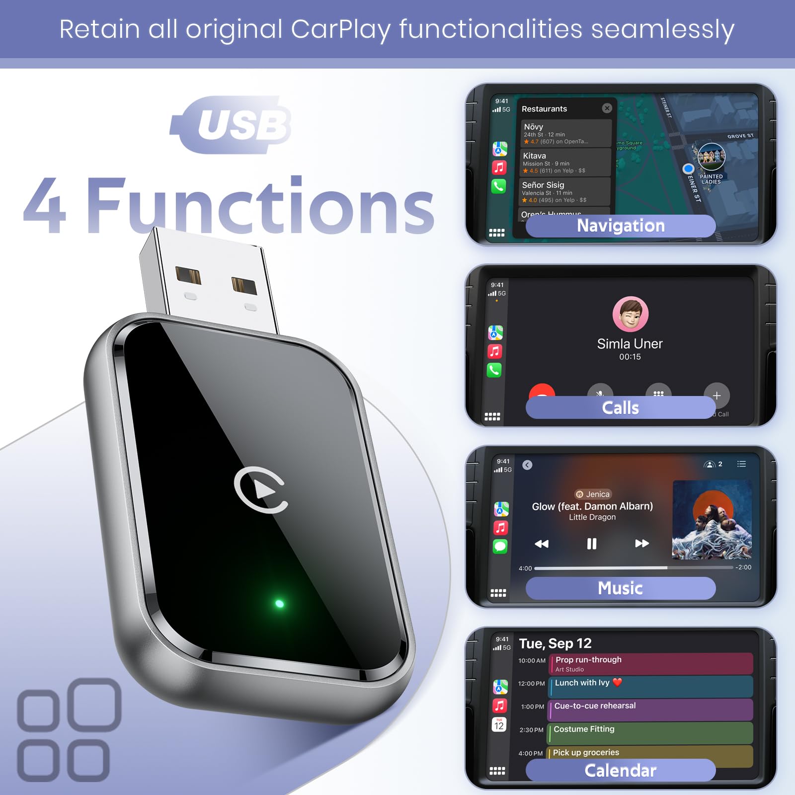 Wireless Carplay Adapter For Iphone, Convert Wired To Wireless Apple Carplay Adapter, Mini Size With Extension Cable Usb & Usb C